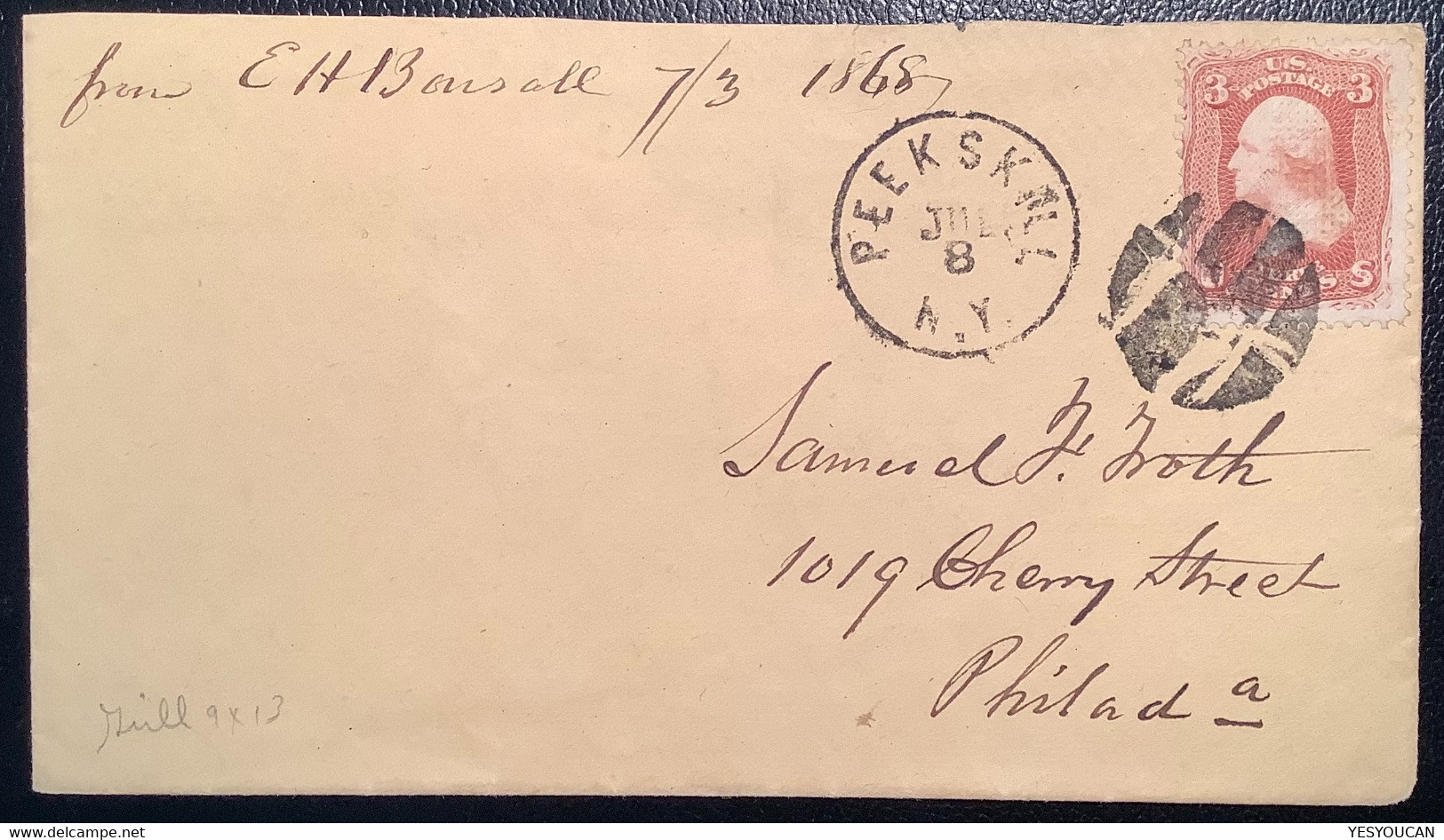 PEEKSKILL NY 1868 Cover>Philadelphia Fkd 1867 3c F Grill Sc.94 (US USA Fancy Cancel Crypto Bitcoin - Cartas & Documentos