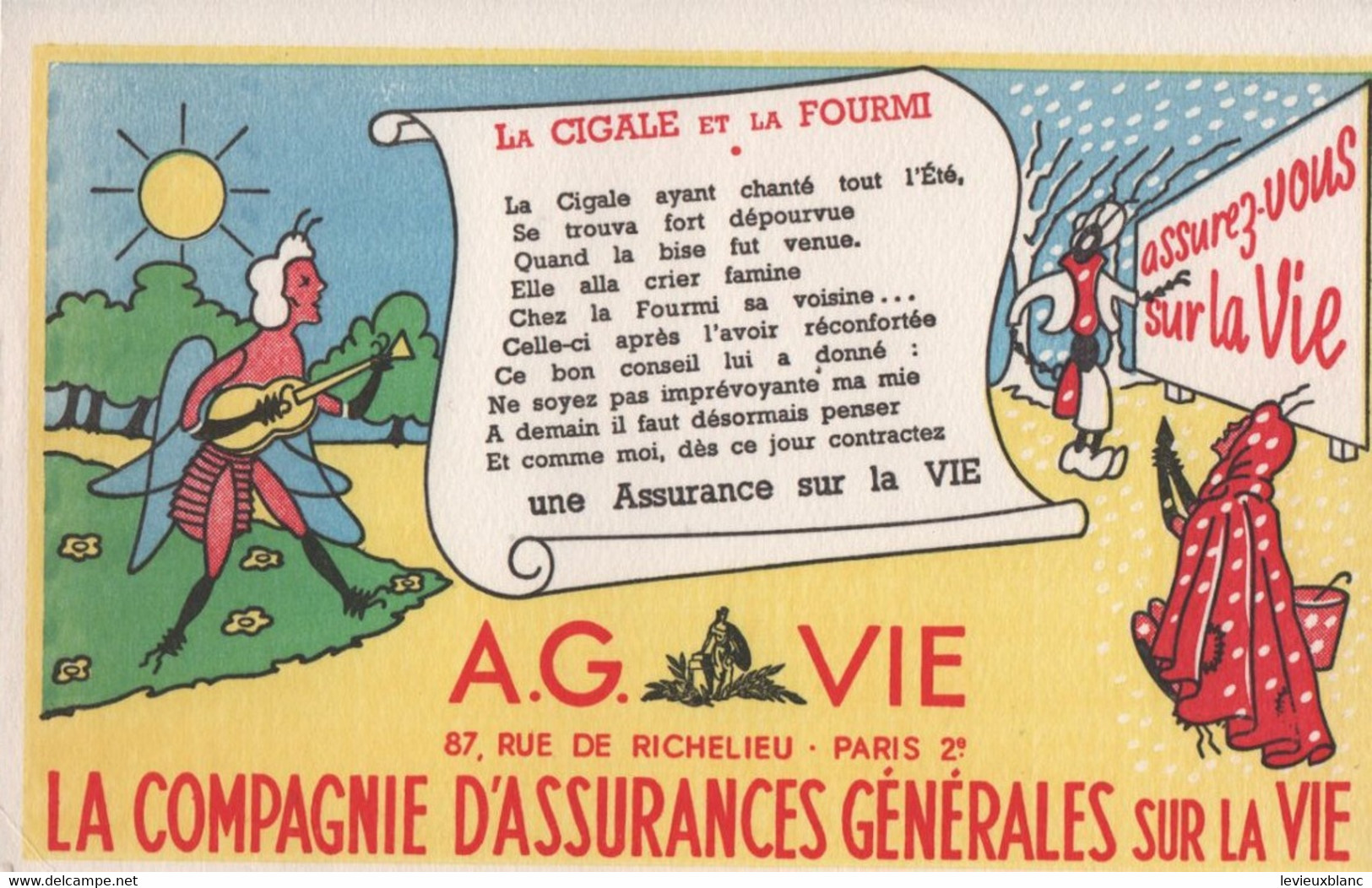 Buvard Ancien /AG Vie/ La Compagnie D' Assurances Générales Sur La Vie/ La Cigale Et La Fourmi/Vers 1950-1960    BUV654 - Banco & Caja De Ahorros