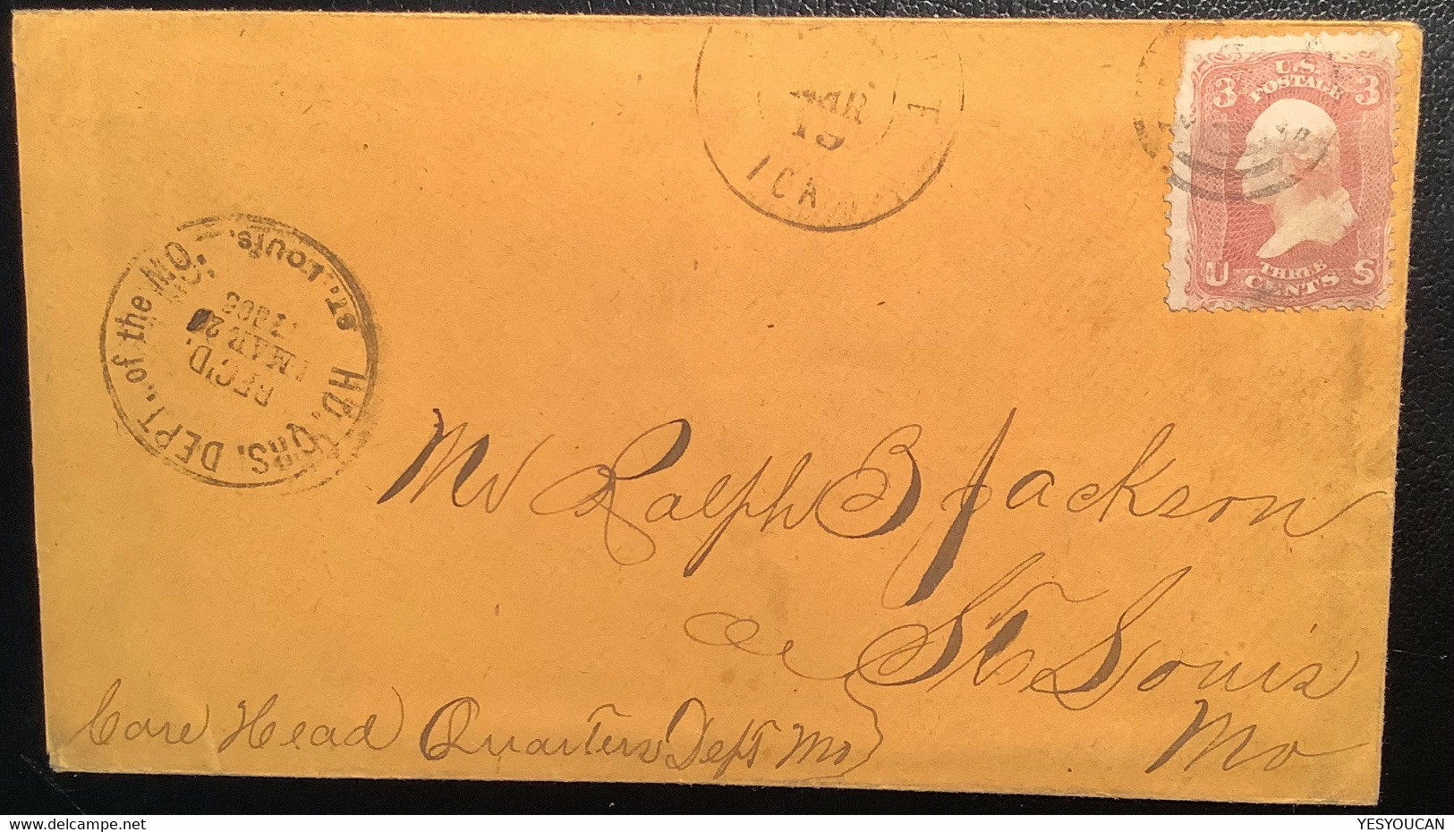 RARE Arrival Cds "HD.QRS.DEPT.OF THE MO. REC’D ST LOUIS" 1865 Iowa Cover>Missouri Fkd Sc.65 (US USA Crypto Bitcoin - Covers & Documents