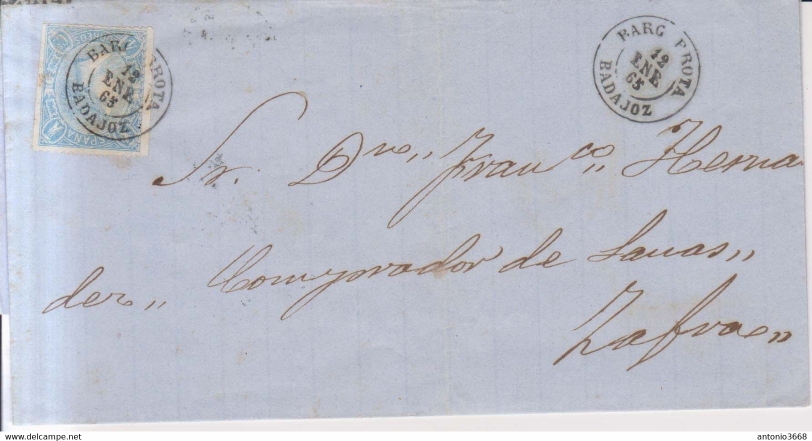 Año 1865 Edifil 75 4c Sello Isabel II  Envuelta Matasellos Barcarrota Badajoz - Storia Postale