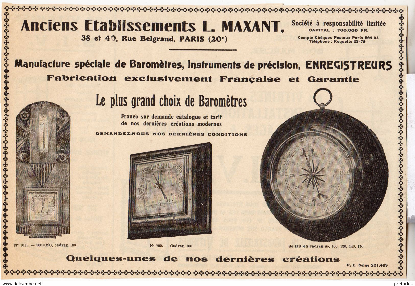 RARE PUB SUR PAPIER - 1930 - ETABLISSEMENTS L. MAXANT - BAROMETRES - PARIS - Orologi Da Muro