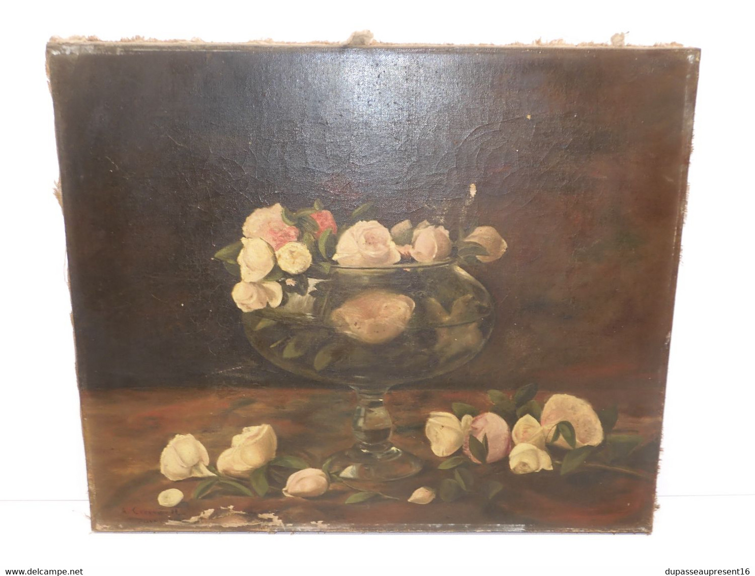 *TABLEAU HST signé Albert CRESSWELL (1879-1936) Bouquet Roses POT à SANGSUES  E