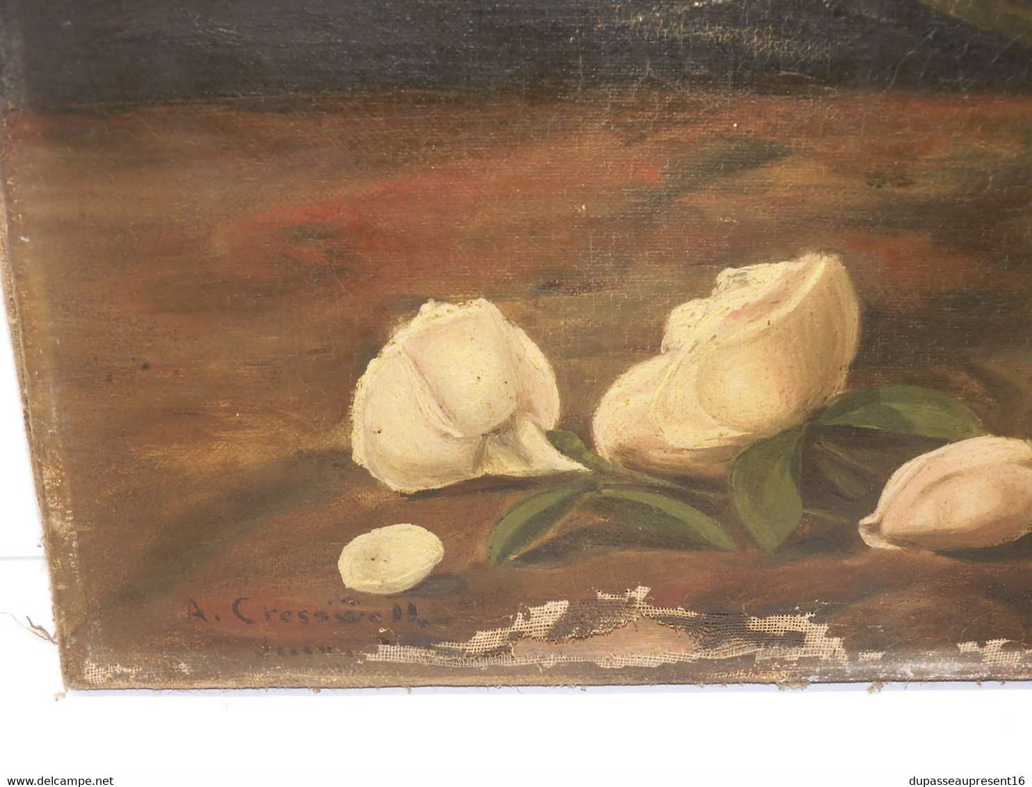 *TABLEAU HST signé Albert CRESSWELL (1879-1936) Bouquet Roses POT à SANGSUES  E