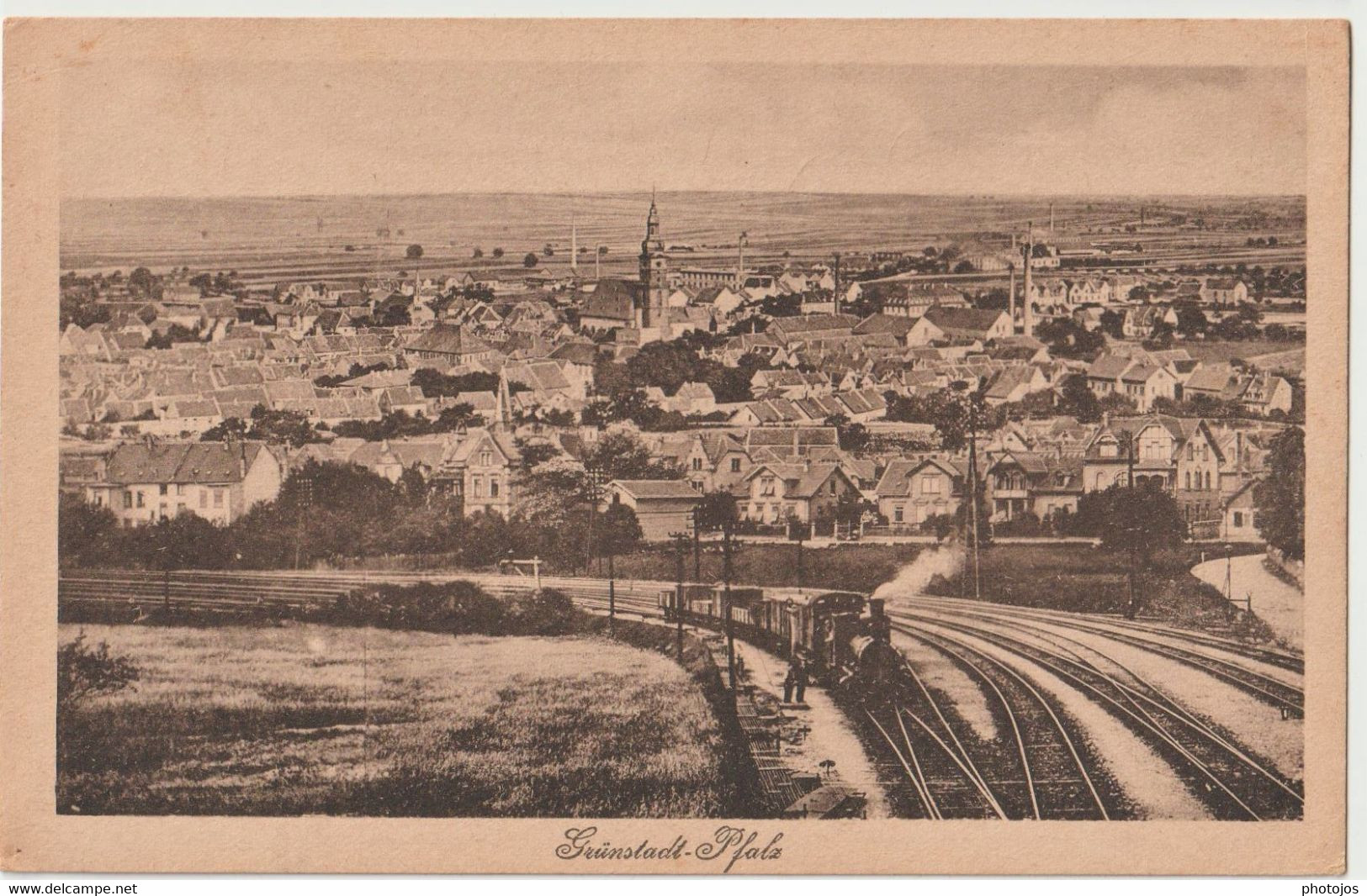 Postkarte Grunstadt (Allemagne) Panorama  Eisenbahn Lokomotive   Zug     Ed Hepp Manheim - Gruenstadt