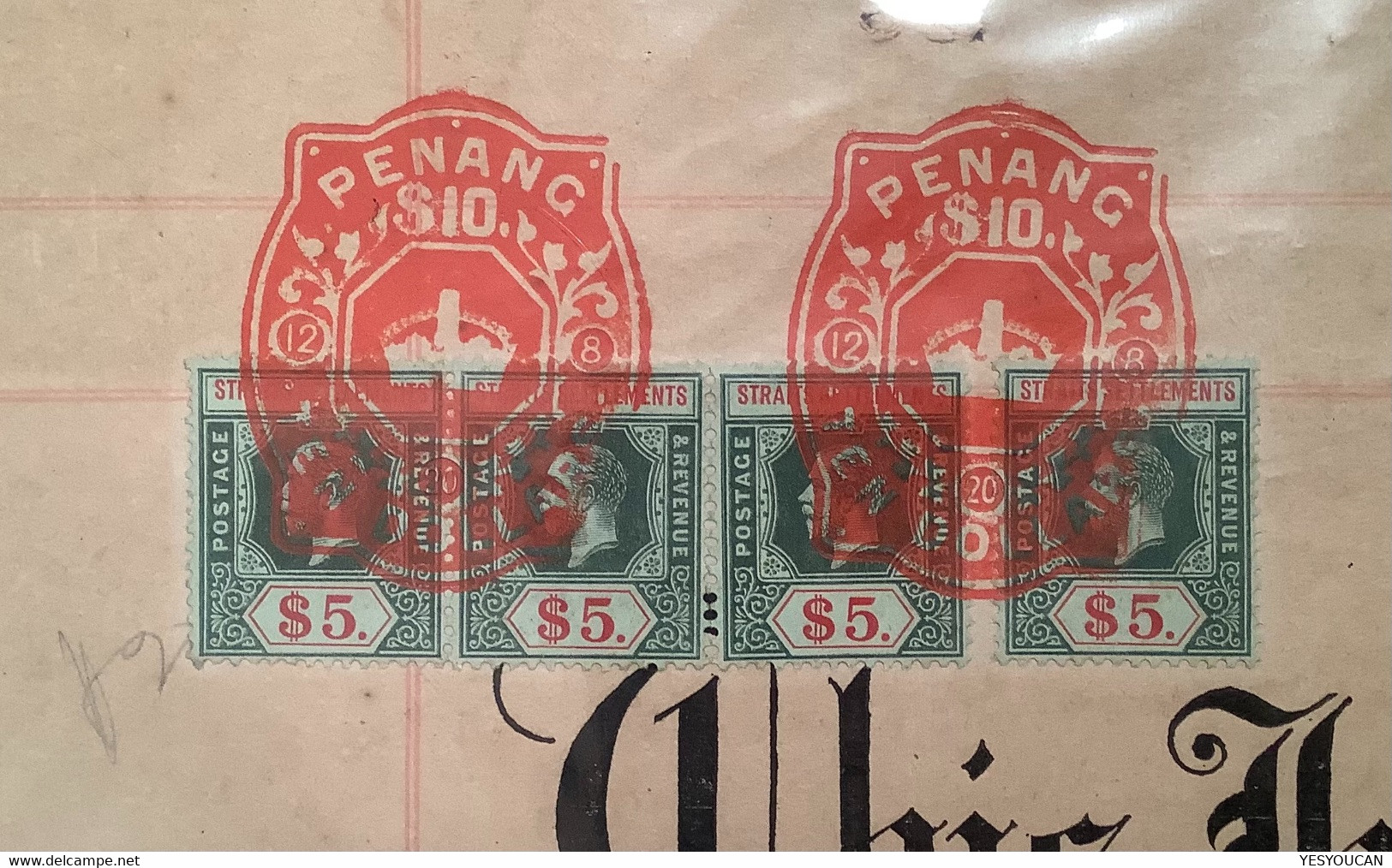 Straits Settlements KGV $5 1920 PENANG Complete Revenue Document (fiscal Stamps Timbres Fiscaux Fiscal Lettre Cover - Straits Settlements