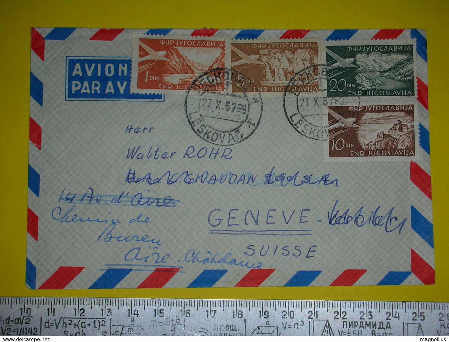 R,Yugoslavia FNRJ Air Mail Official Postal Cover,par Avion Letter,additional Airmail Stamps,Airmail Leskovac-Geneve - Luchtpost