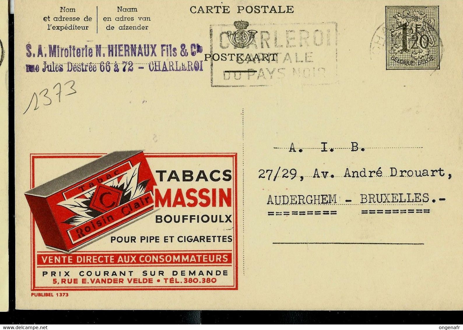 Publibel Obl. N° 1373 ( Tabacs MASSIN - Bouffioulx - Pour Pipe Et Cigarettes) Obl. CHARLEROI  09/02/56 - Publibels
