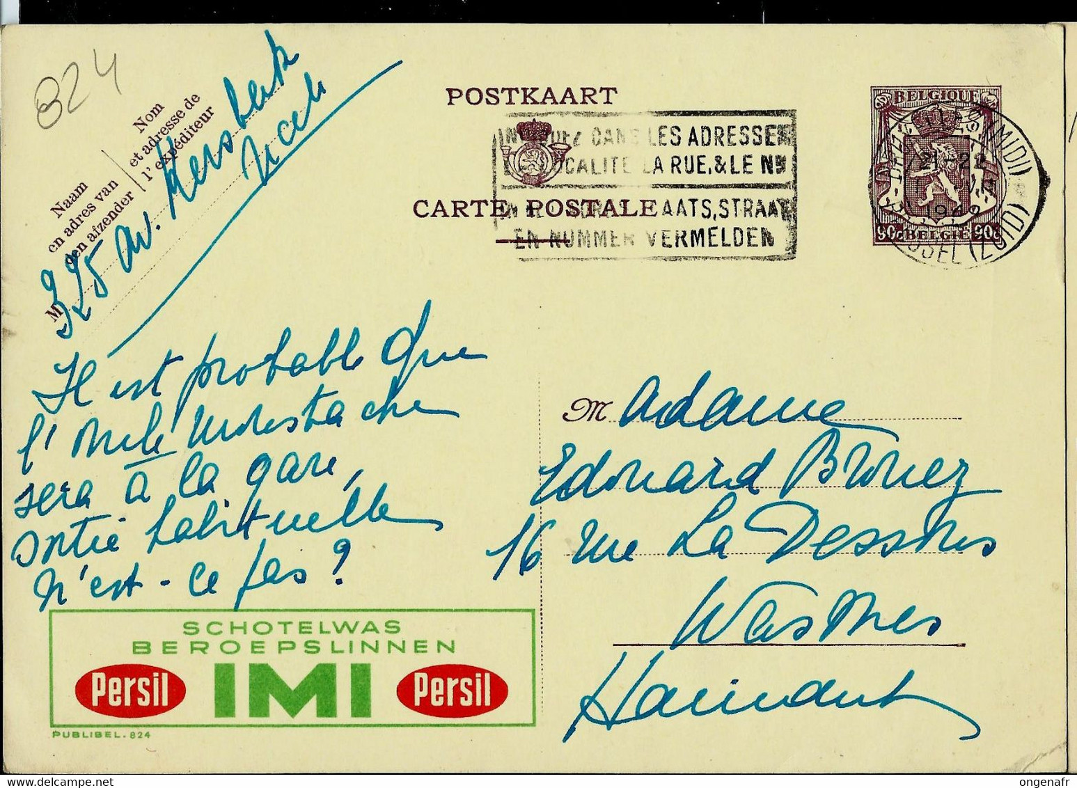Publibel Obl. N° 824  ( IMI De Persil  Produits Nettoyant) Obl. BXL 1949 - Werbepostkarten