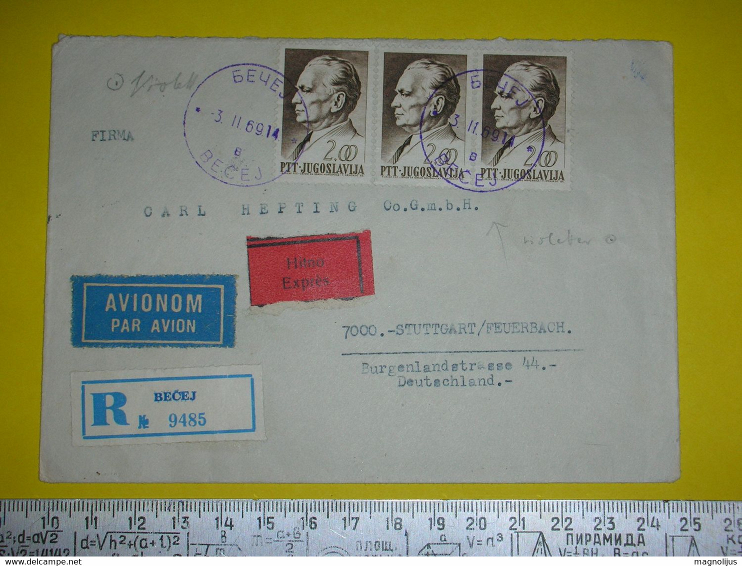 R,Yugoslavia Air Mail Cover,par Avion Postal Label,Tito Stamps,Airmail Letter,R & Urgent Postal Labels,rare Violet Seals - Airmail