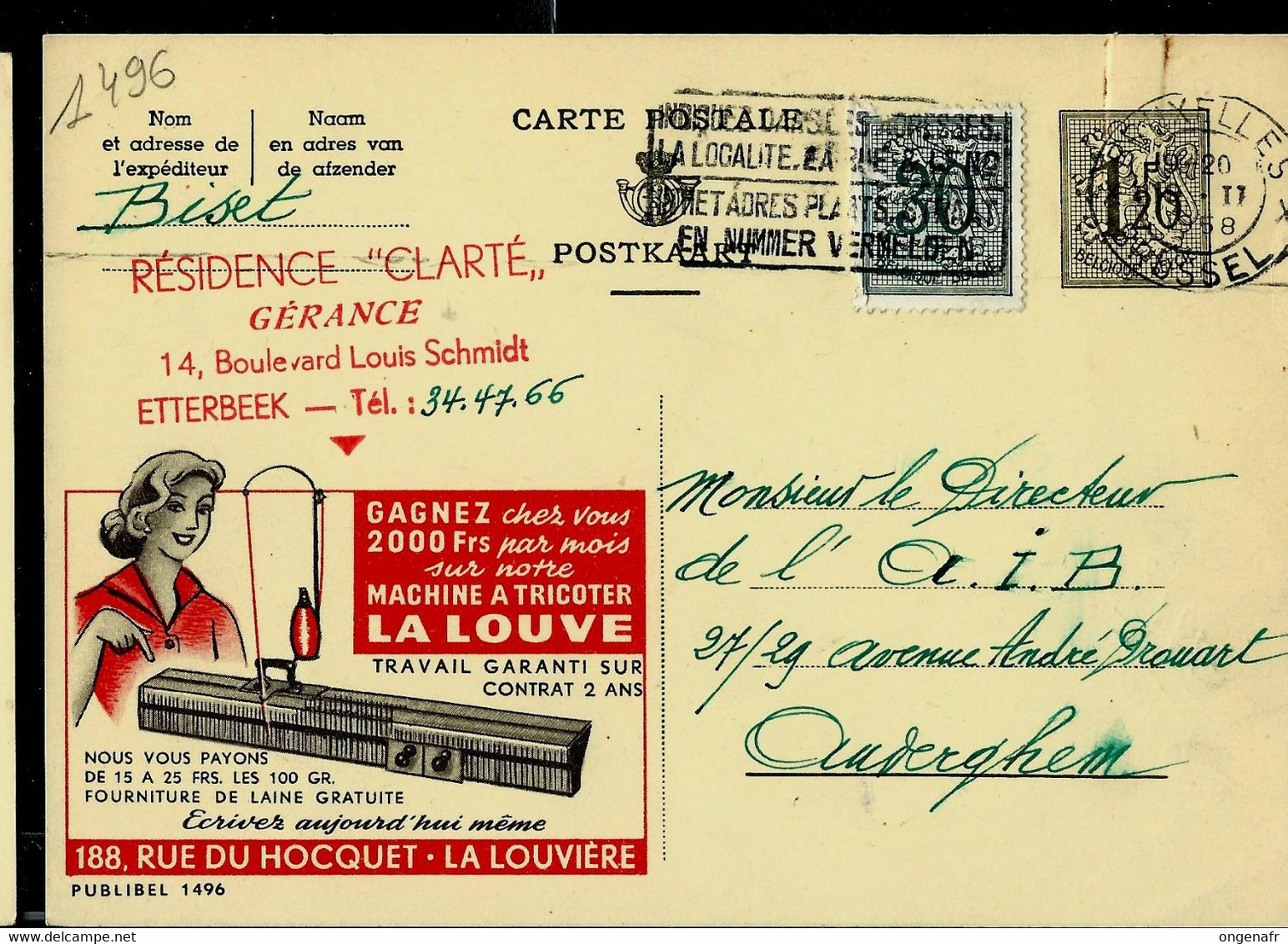 Publibel Obl. N° 1496  ( Machine à Tricoter - La Louve - La Louvière) Obl. BXL 1958 - Publibels