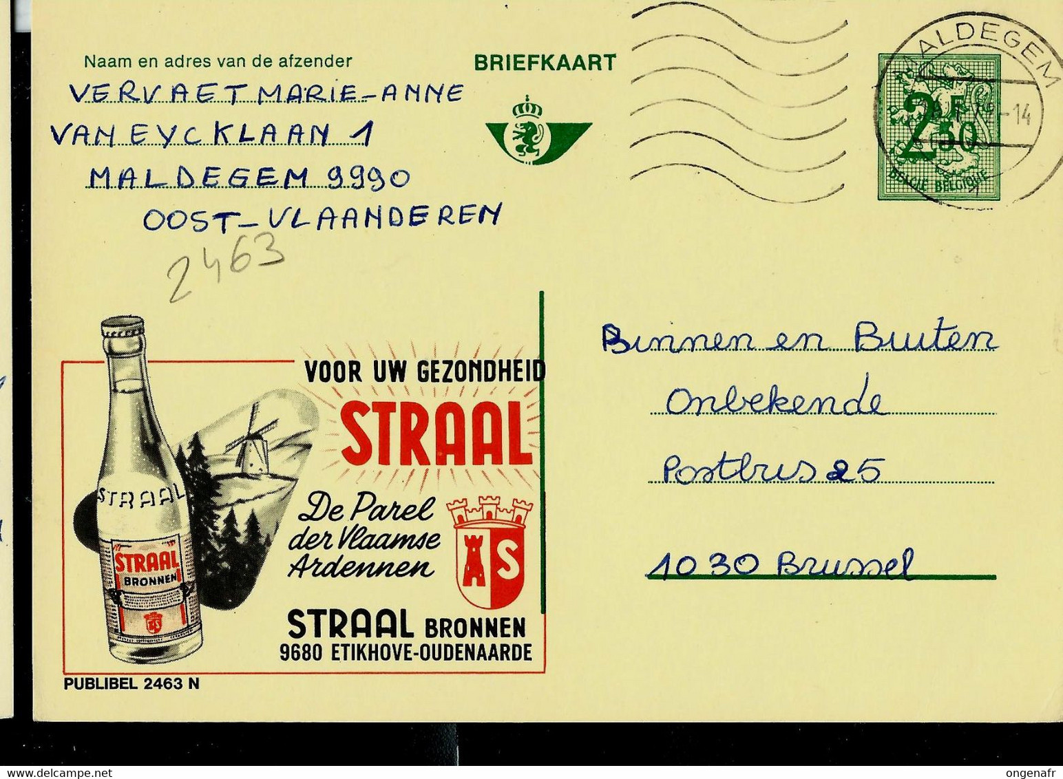 Publibel Obl. N° 2463 ( STRAAL  - Eau Minéral - Oudenaarde- Moulin) Obl. MALDEGEM  1972 - Werbepostkarten