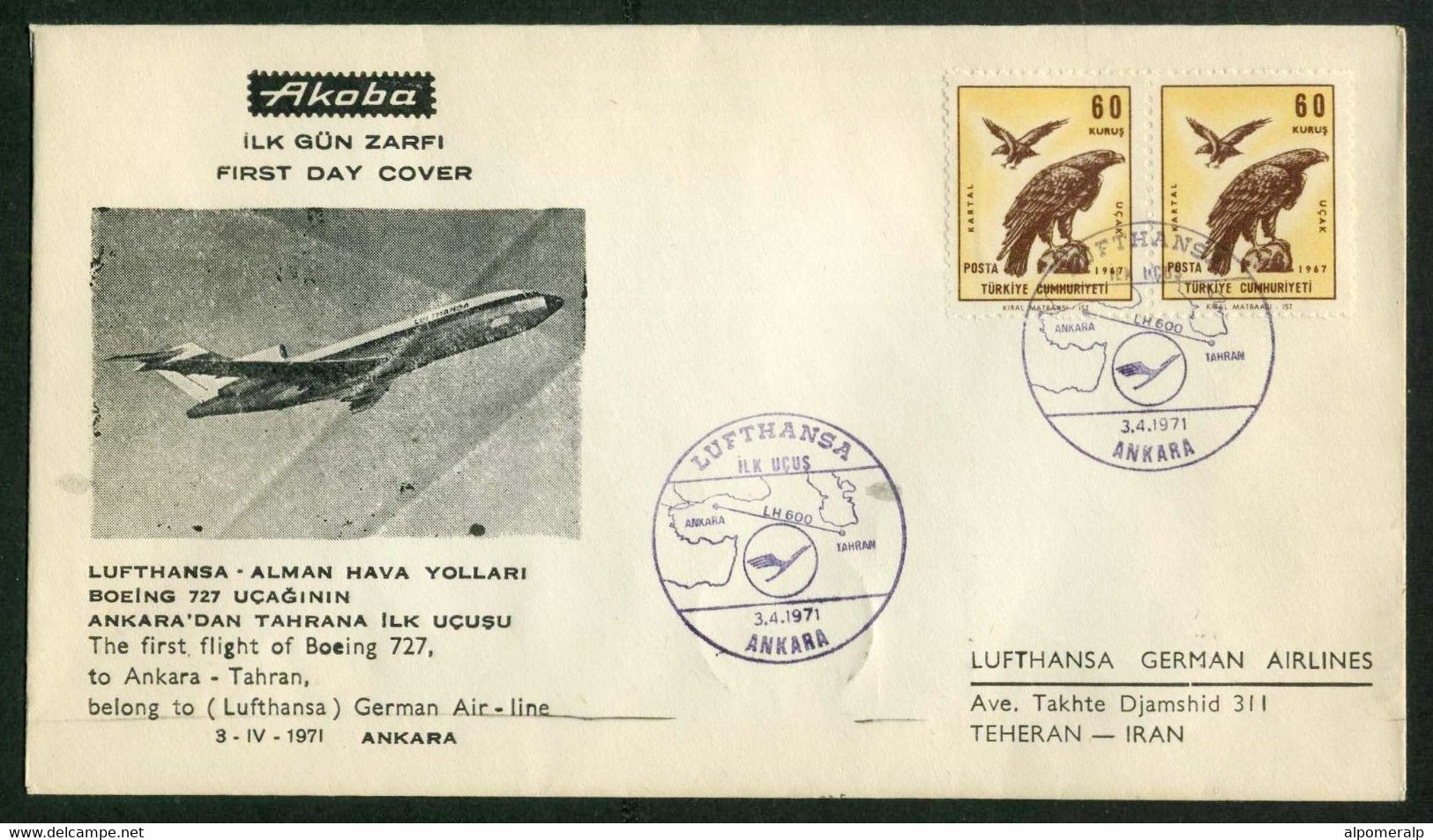 Türkiye 1971 Ankara Tehran Lufthansa Boeing 727 First Flight, April 3 | With Tehran Arrival Postmark | Air Mail, Birds - Luchtpost