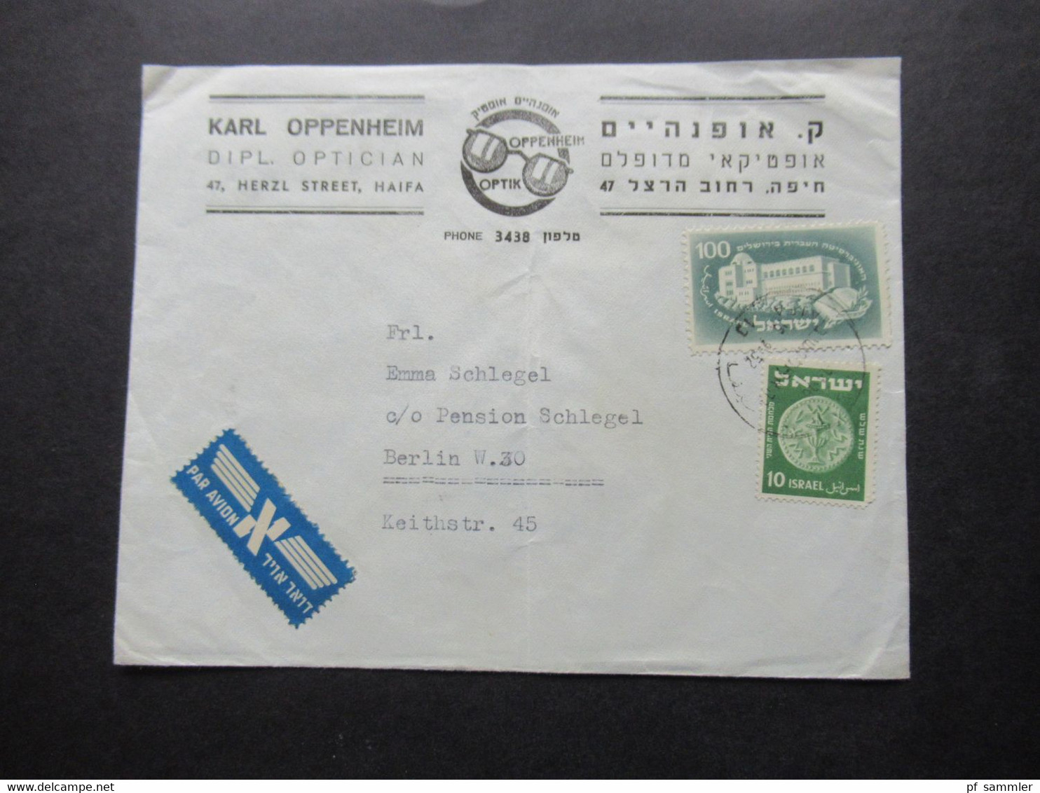 Israel 1950 / 60er Jahre ?! Par Avion Luftpost Nach Berlin Umschlag Karl Oppenheim Dipl. Optican Herzl Street Haifa - Covers & Documents