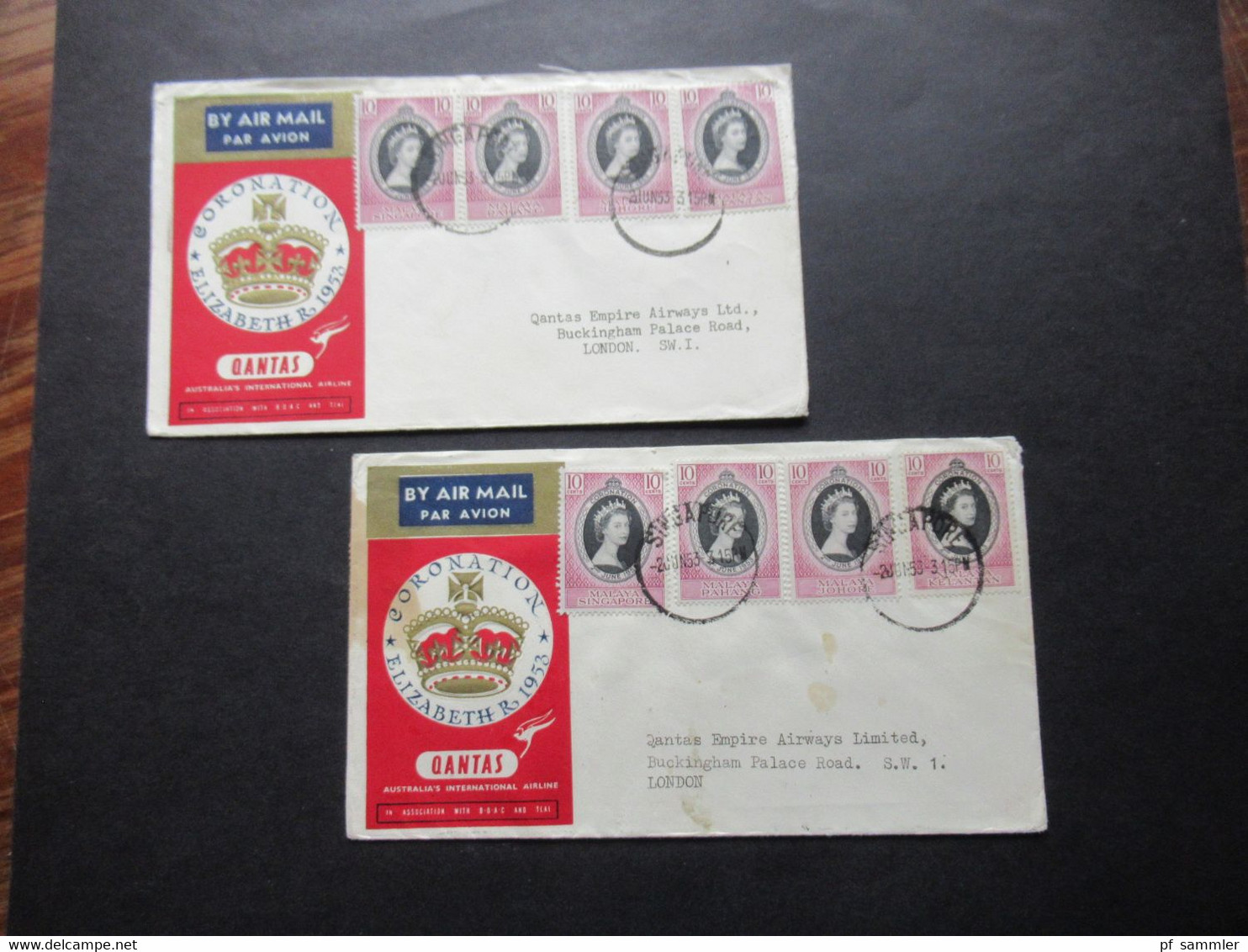 Quantas 2 Sonderbelege  1953 Coronation Elizabeth Rückseitig Weitere Marken Und Stempel Colony Of Singapore / Long Live - Malayan Postal Union