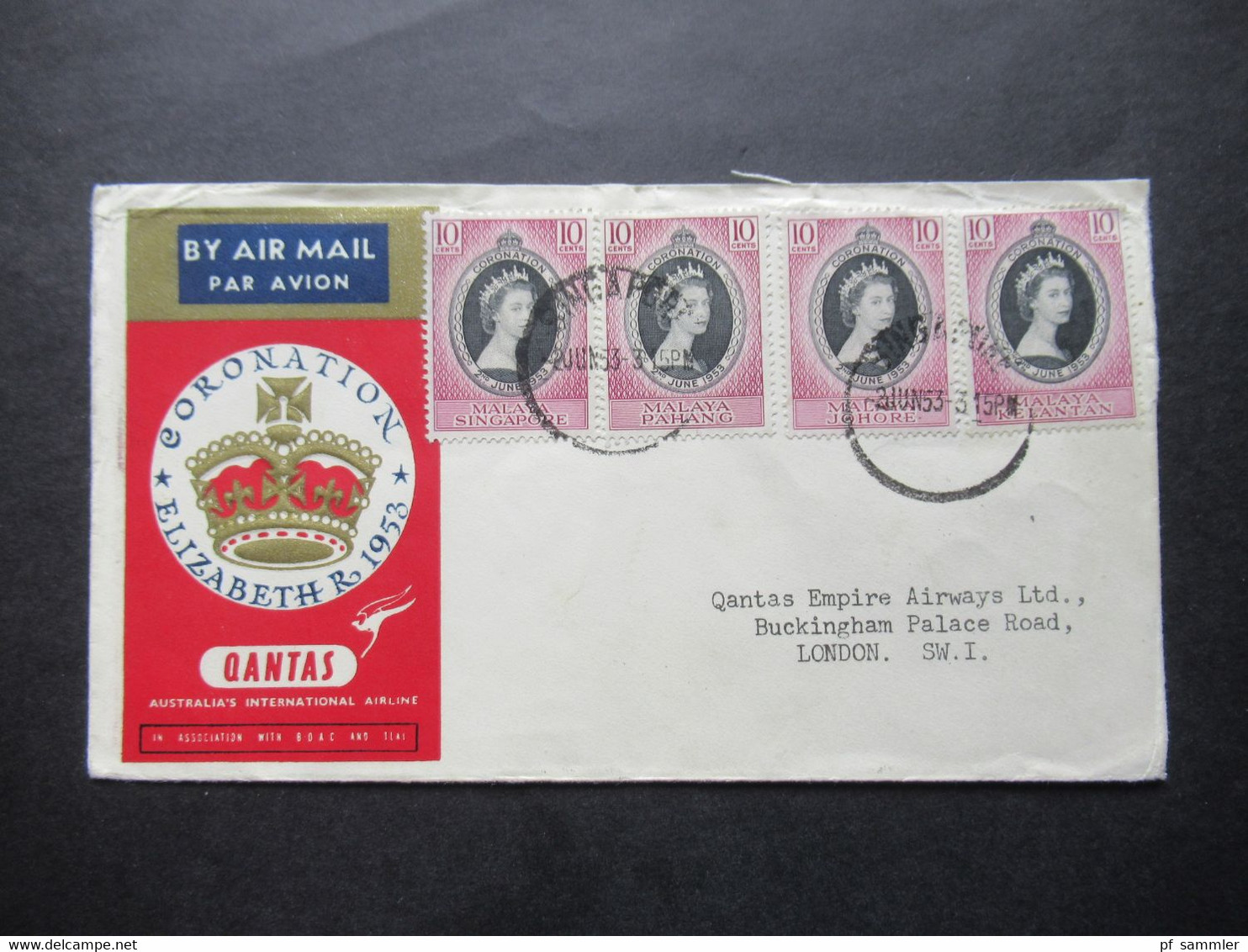 Quantas 2 Sonderbelege  1953 Coronation Elizabeth Rückseitig Weitere Marken Und Stempel Colony Of Singapore / Long Live - Malayan Postal Union