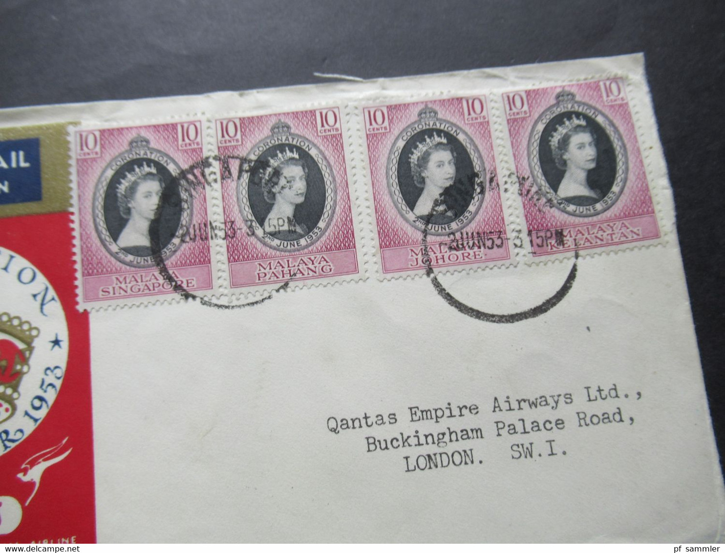 Quantas 2 Sonderbelege  1953 Coronation Elizabeth Rückseitig Weitere Marken Und Stempel Colony Of Singapore / Long Live - Malayan Postal Union