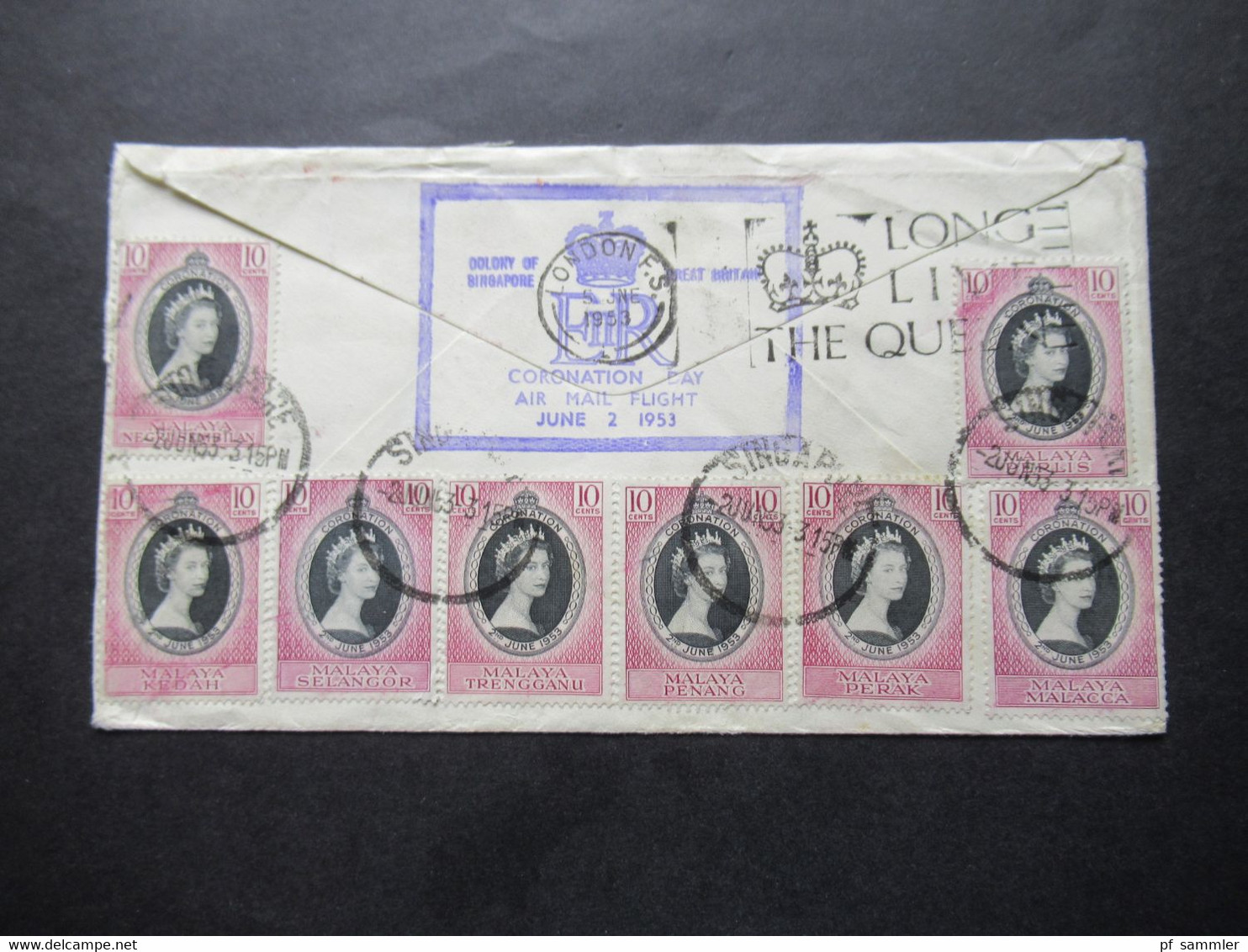 Quantas 2 Sonderbelege  1953 Coronation Elizabeth Rückseitig Weitere Marken Und Stempel Colony Of Singapore / Long Live - Malayan Postal Union