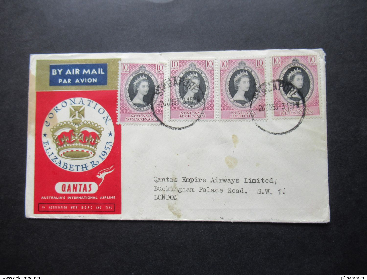 Quantas 2 Sonderbelege  1953 Coronation Elizabeth rückseitig weitere Marken und Stempel Colony of Singapore / Long live