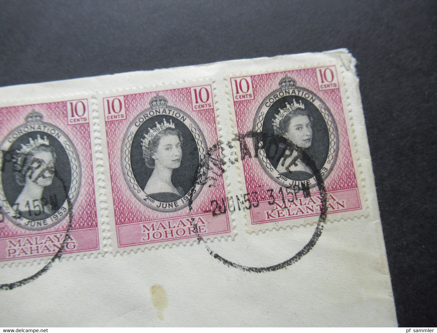 Quantas 2 Sonderbelege  1953 Coronation Elizabeth rückseitig weitere Marken und Stempel Colony of Singapore / Long live