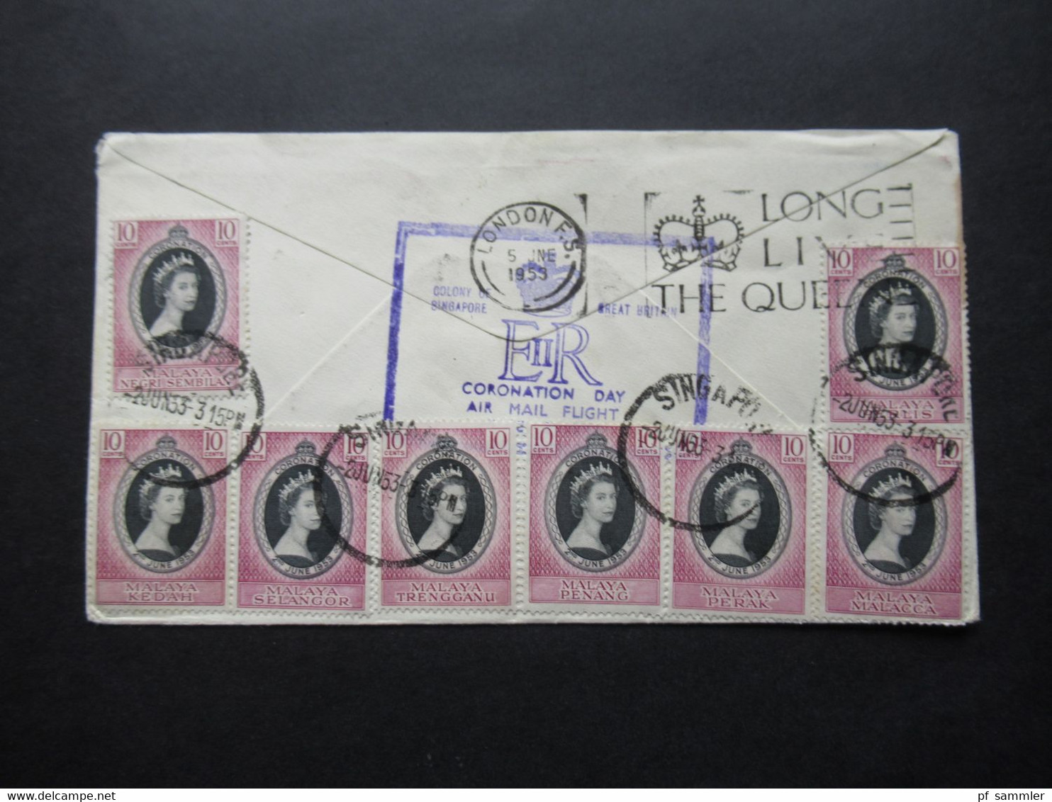 Quantas 2 Sonderbelege  1953 Coronation Elizabeth rückseitig weitere Marken und Stempel Colony of Singapore / Long live