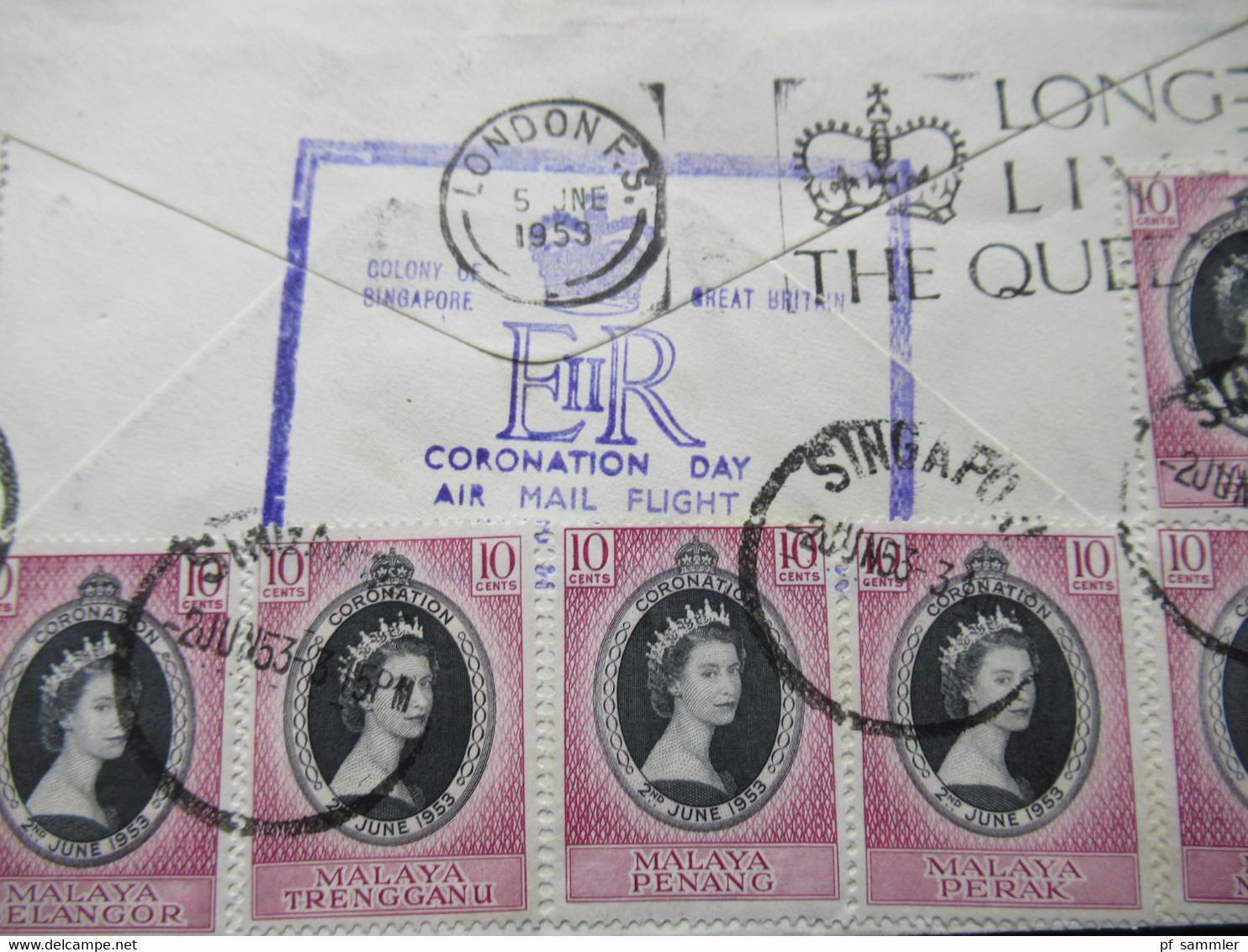 Quantas 2 Sonderbelege  1953 Coronation Elizabeth rückseitig weitere Marken und Stempel Colony of Singapore / Long live