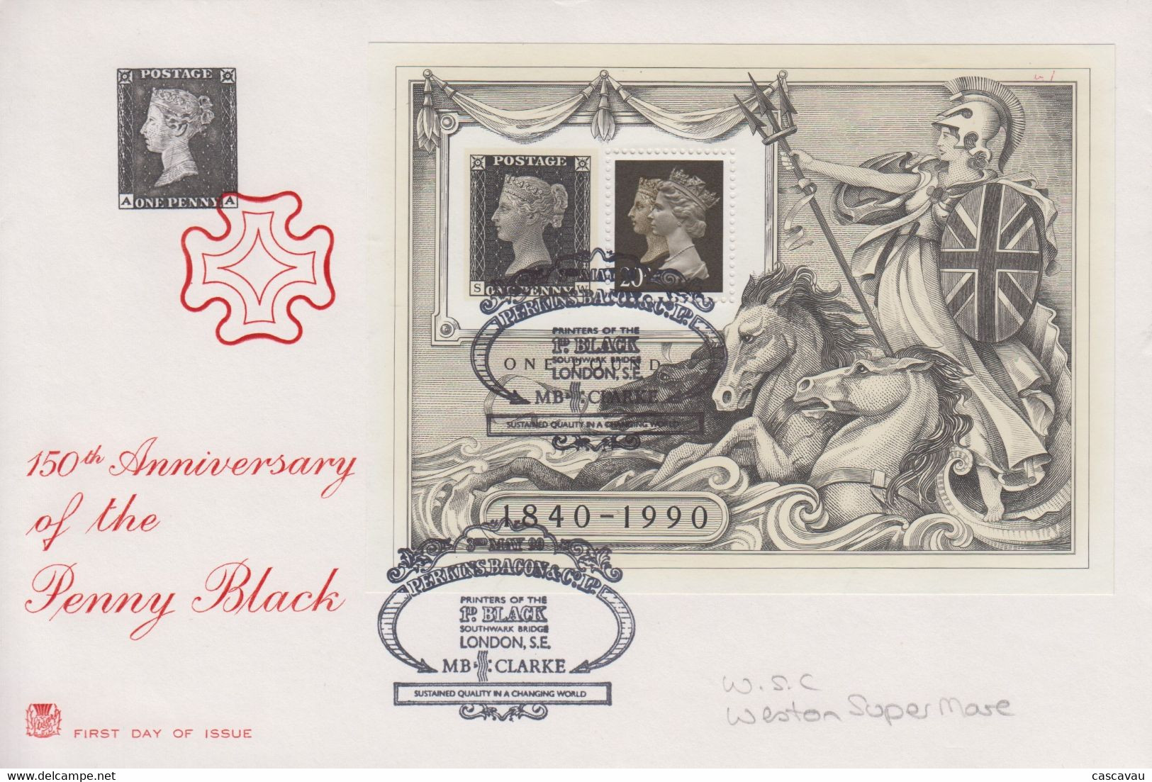 Enveloppe  FDC  1er  Jour   GRANDE  BRETAGNE   Bloc   Feuillet   150éme  Anniversaire  Du   BLACK  PENNY   1990 - 1981-1990 Em. Décimales