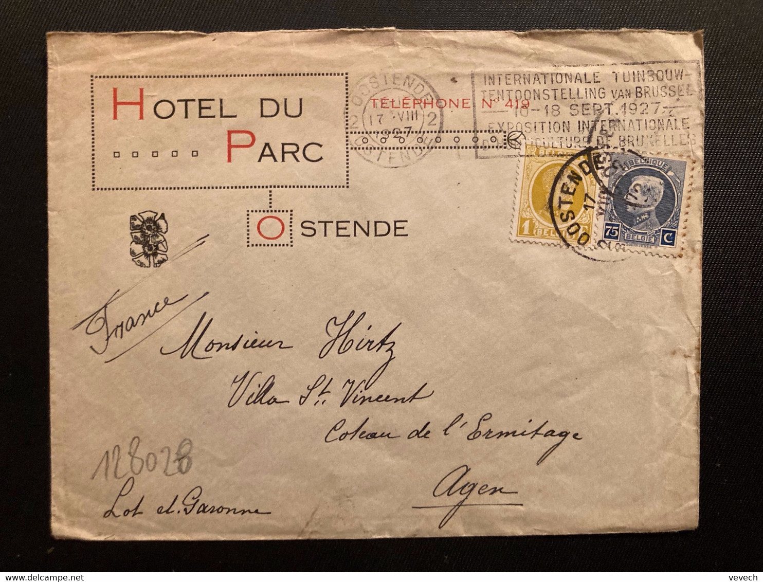 LETTRE Pour La FRANCE TP 1F + 75c OBL.MEC.17 VIII 1927 OOSTENDE + OBL. + HOTEL DU PARC - Cartas & Documentos