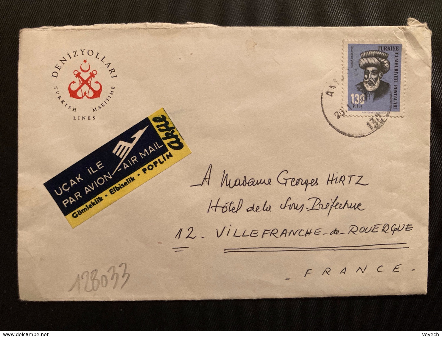 LETTRE Par Avion Pour La FRANCE TP 130 K OBL.20 11 66 ANKARA + DENIZYOLLARI TURKISH MARITIME LINES - Cartas & Documentos