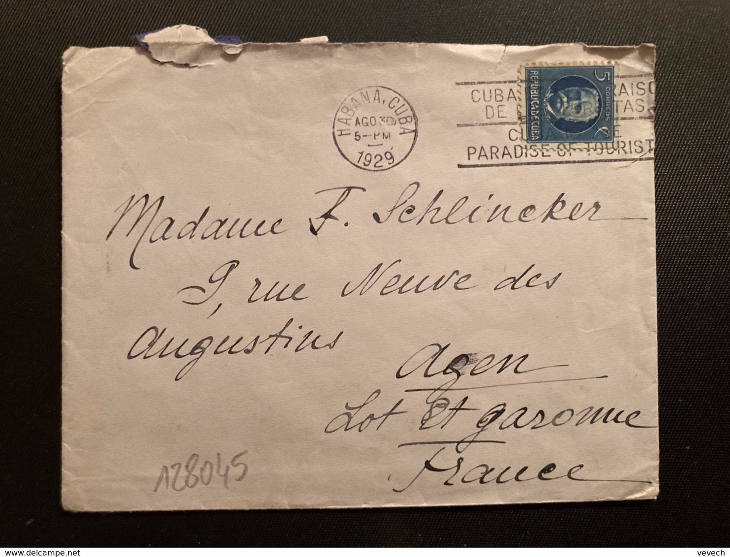 LETTRE Pour FRANCE TP CALIXTO GARCIA 5c OBL.MEC. AGO 30 1929 HABANA CUBA + Arrivée OBL.MEC. AGEN - Storia Postale