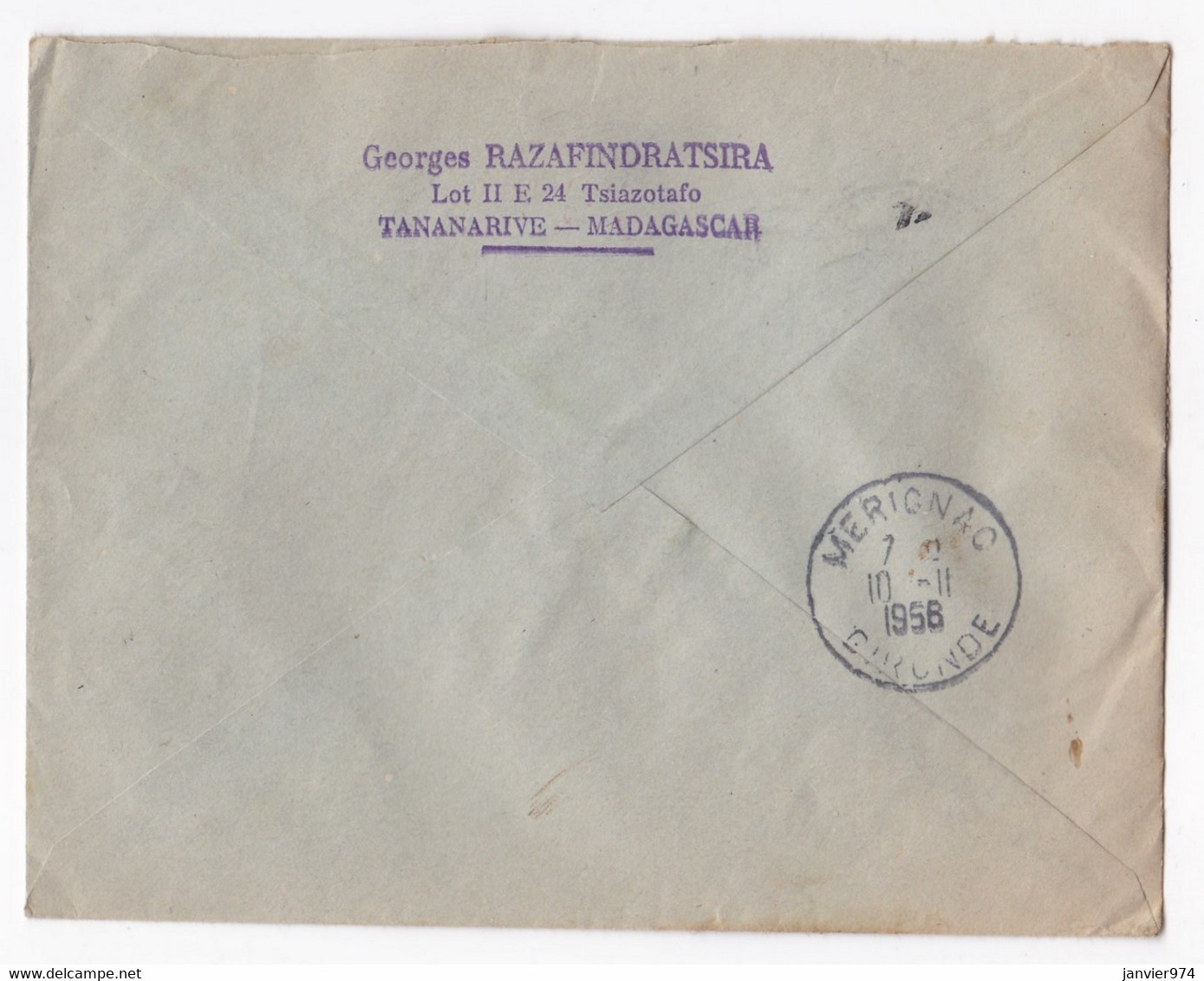 Lettre 1956 Madagascar Tananarive Pour Mérignac Gironde, 3 Timbres - Storia Postale