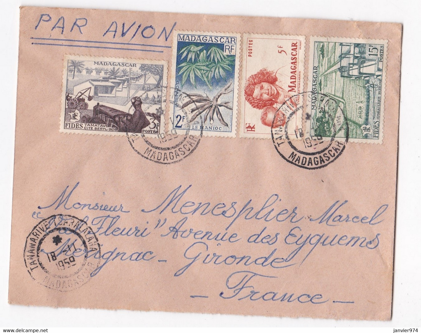Lettre 1959 Madagascar Tananarive Pour Mérignac Gironde, 4 Timbres - Covers & Documents