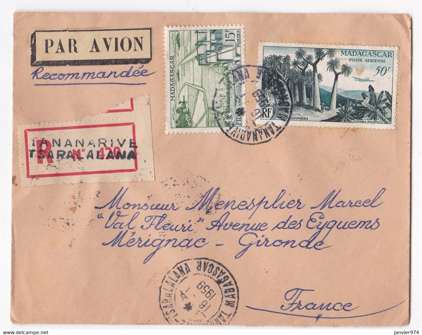 Lettre 1959 Madagascar Tananarive Pour Mérignac Gironde, 2 Timbres - Lettres & Documents