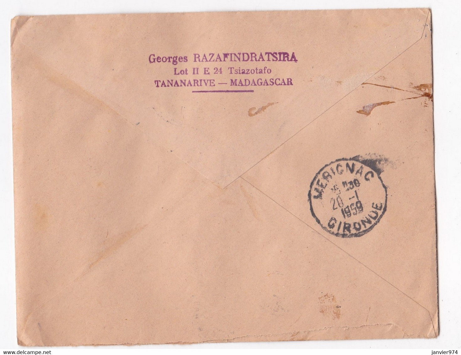Lettre 1959 Madagascar Tananarive Pour Mérignac Gironde, 2 Timbres - Storia Postale