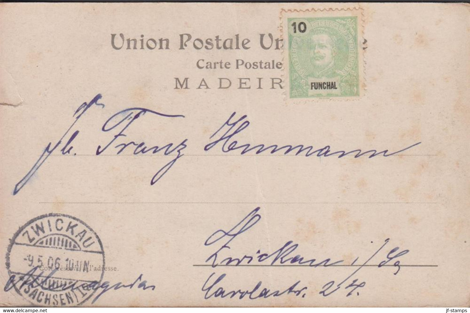 1906. FUNCHAL 10 REIS On Postcard (Madeira, Camara De Lobos - Folds) Cancelled At Arrival WICKAU (SACHSEN)... - JF432486 - Funchal