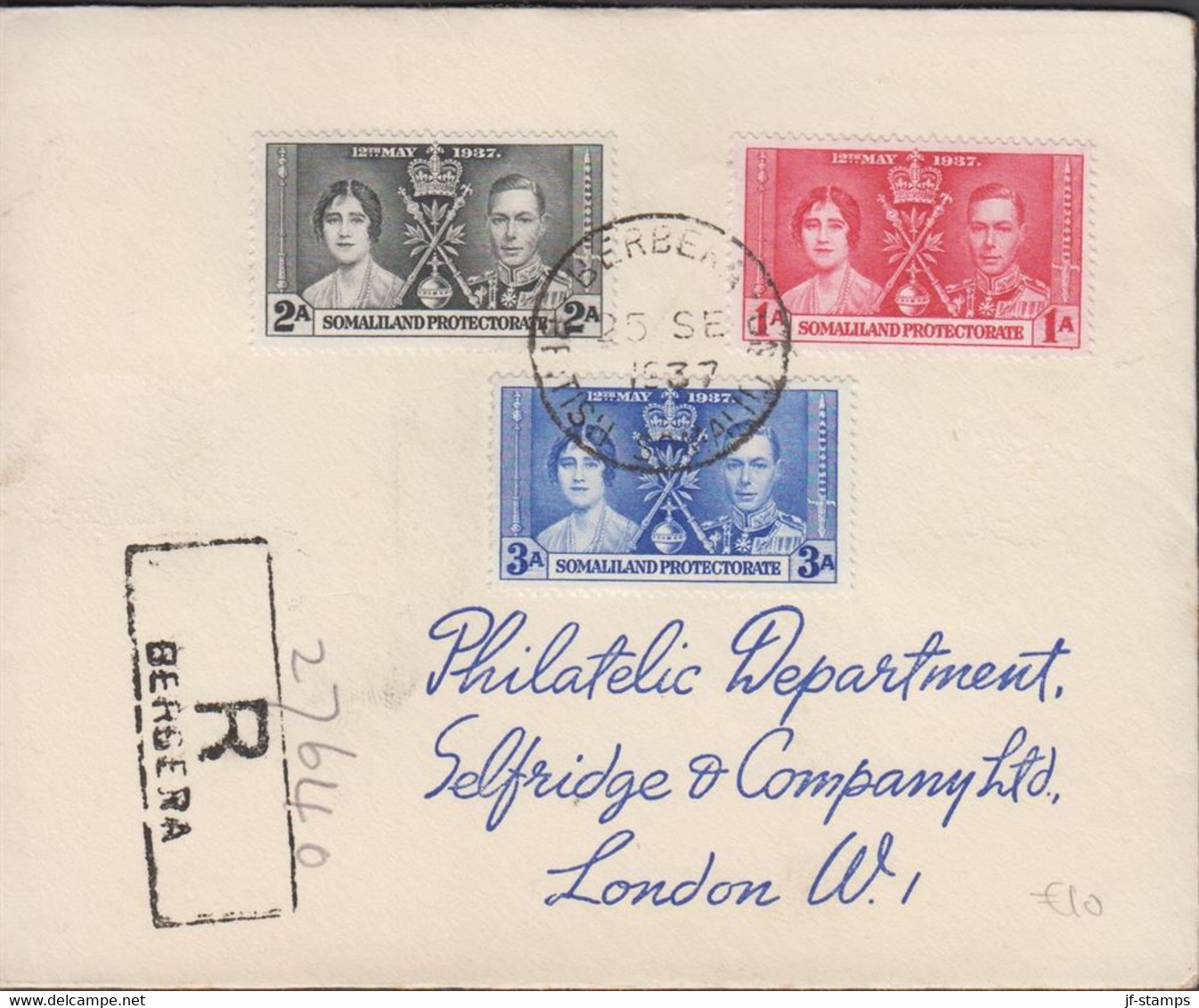 1937. SOMALILAND PROTECTORATE. Georg VI Coronation Complete Set On Small Cover To London.  (Michel 74-76) - JF432540 - Somaliland (Protectorate ...-1959)