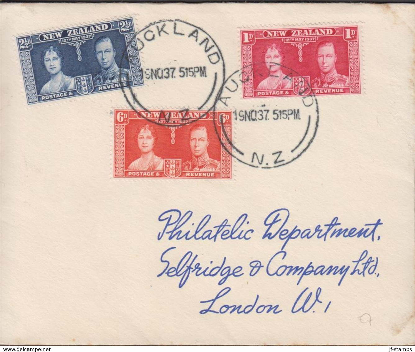 1937. New Zealand. Georg VI Coronation Complete Set On Small Cover To London.  (MICHEL 323-234) - JF432544 - Brieven En Documenten