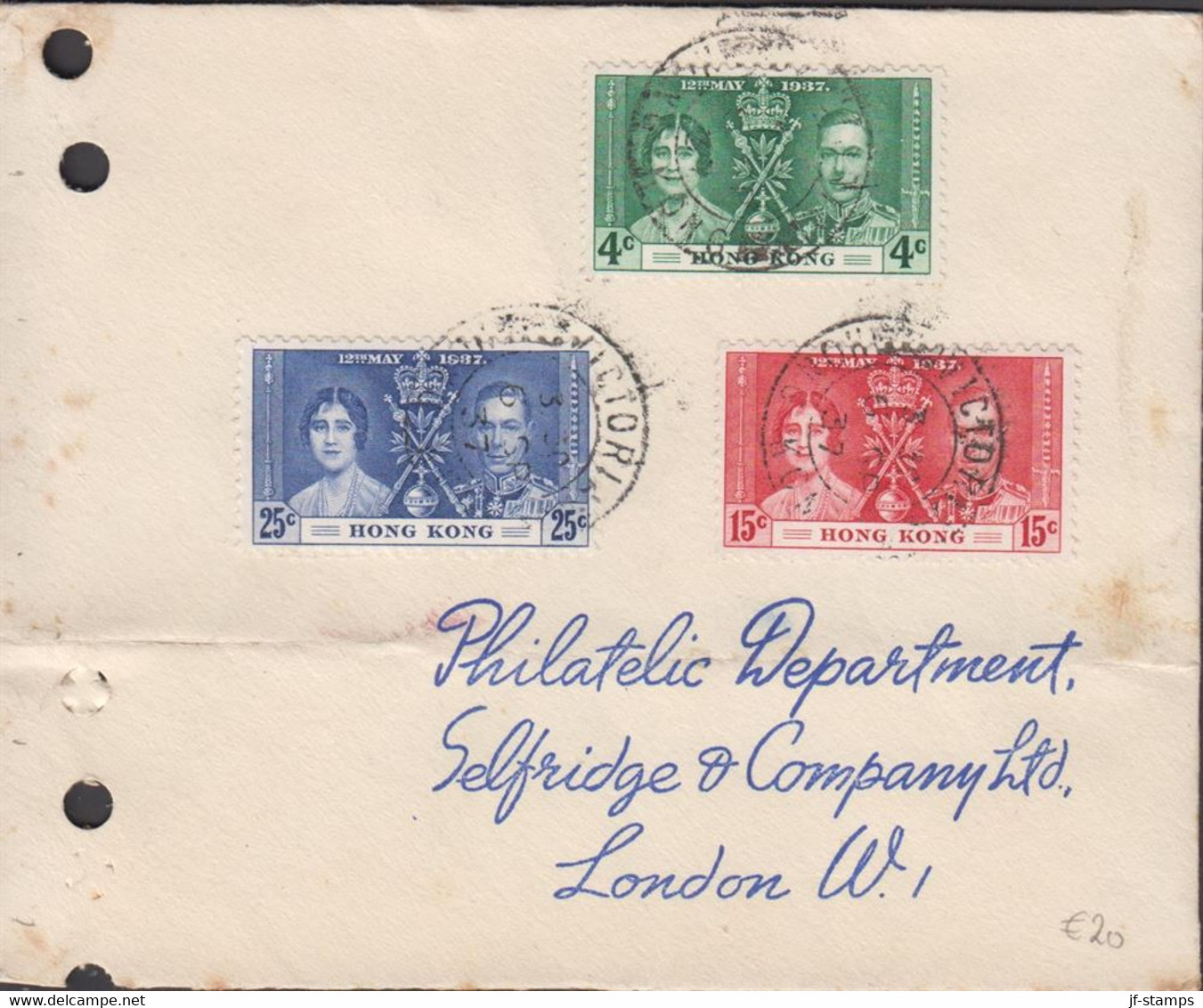 1937. HONG KONG Georg VI Coronation Complete Set On Small Cover To London. Archive Holes.... (Michel 136-138) - JF432581 - Briefe U. Dokumente