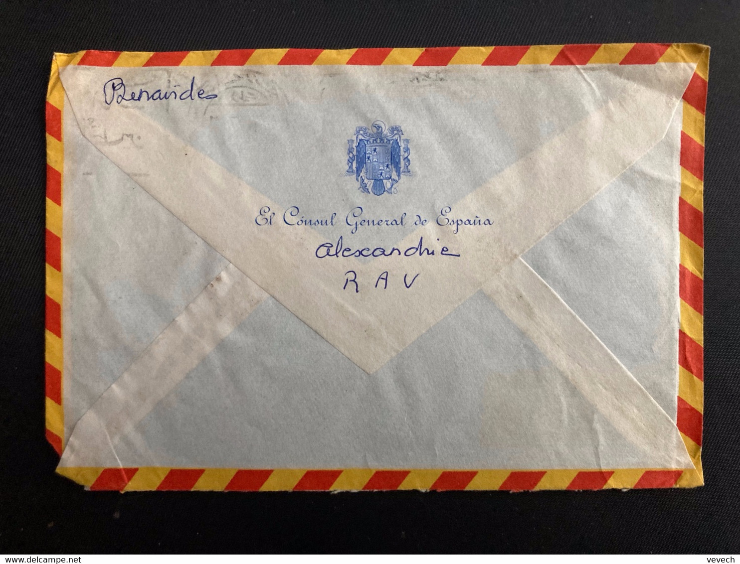 LETTRE Par Avion Pour La FRANCE TP VOILIER 40 M X2 OBL.MEC.4 8 87? ALEXANDRIA T.D. + Consul General De Espana - Cartas & Documentos