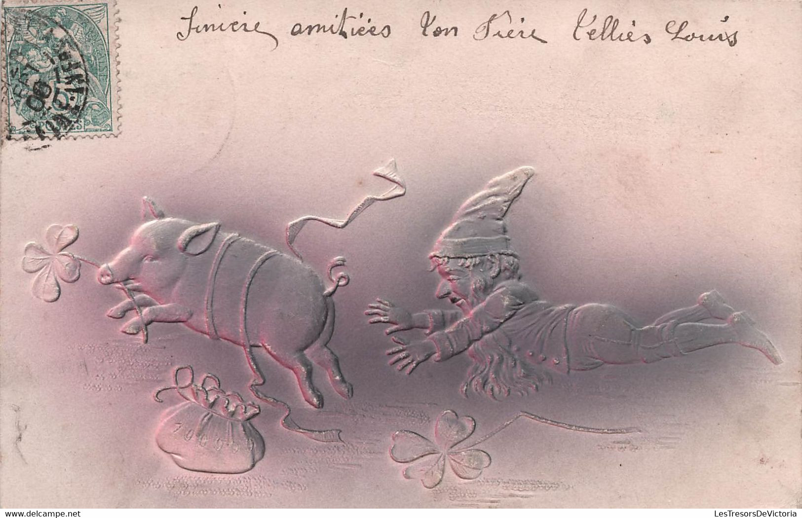 CPA Cochon Avec Un Trefle Attrapé Par Un Lutin - Carte Oblitérée En 1900 - Carte En Relief - New Year