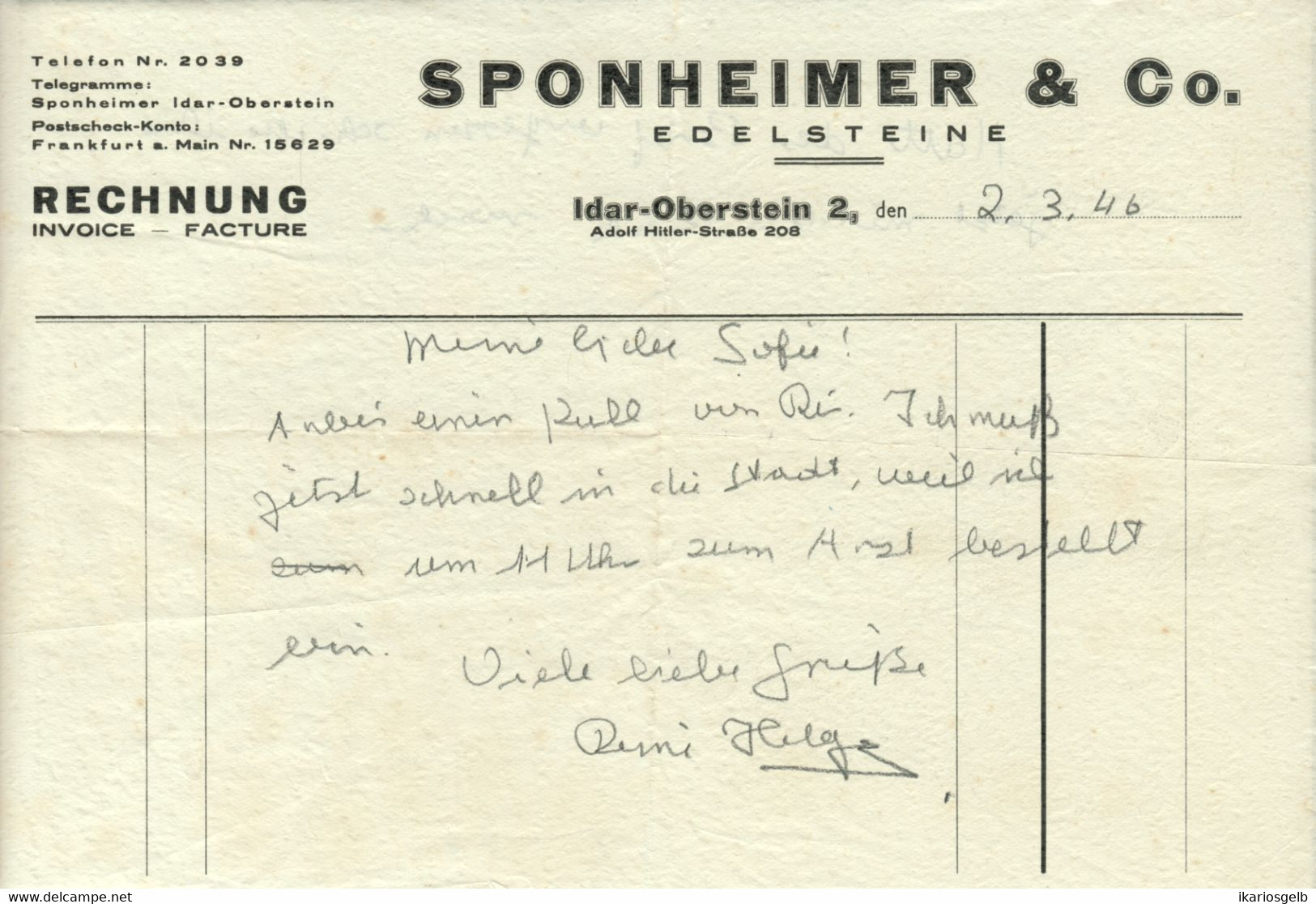 Idar-Oberstein Deko Rechnung 1946 " Sponheimer & Co Edelsteine " - Textilos & Vestidos