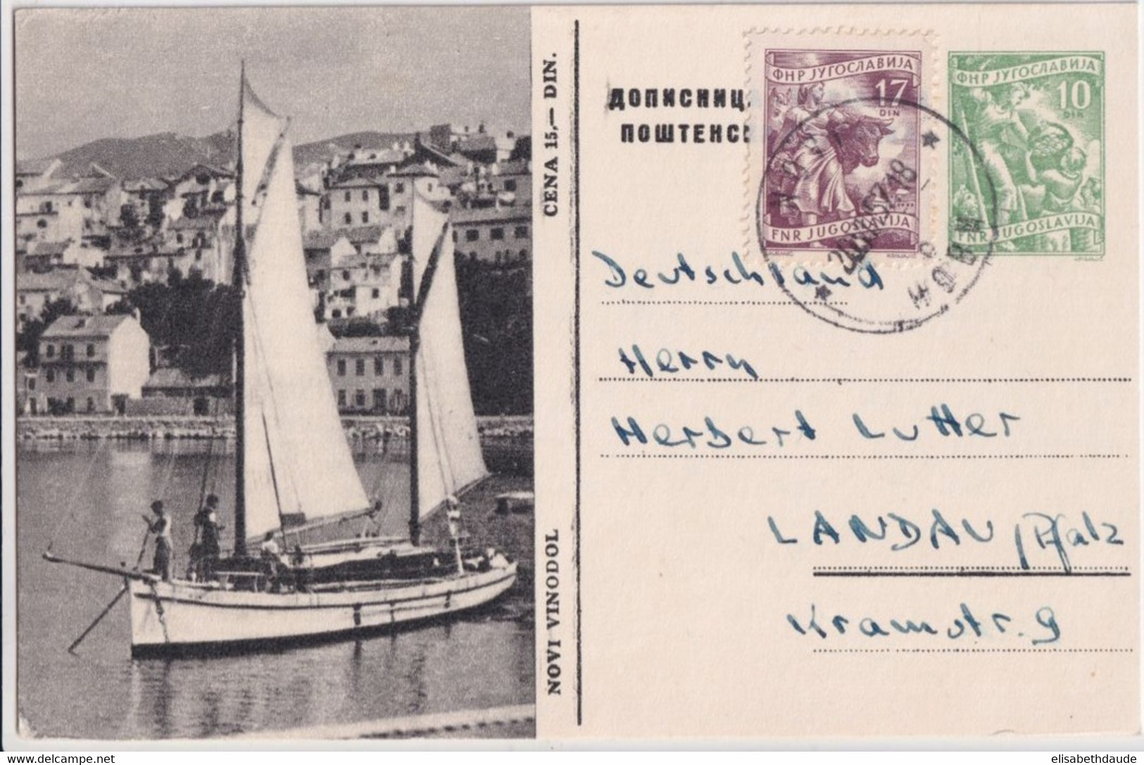 YOUGOSLAVIE - 1957 - CARTE ENTIER ILLUSTREE BILDPOSTKARTE (NOVI VINODOL / BATEAU) De NOVI => LANDAU - Ganzsachen