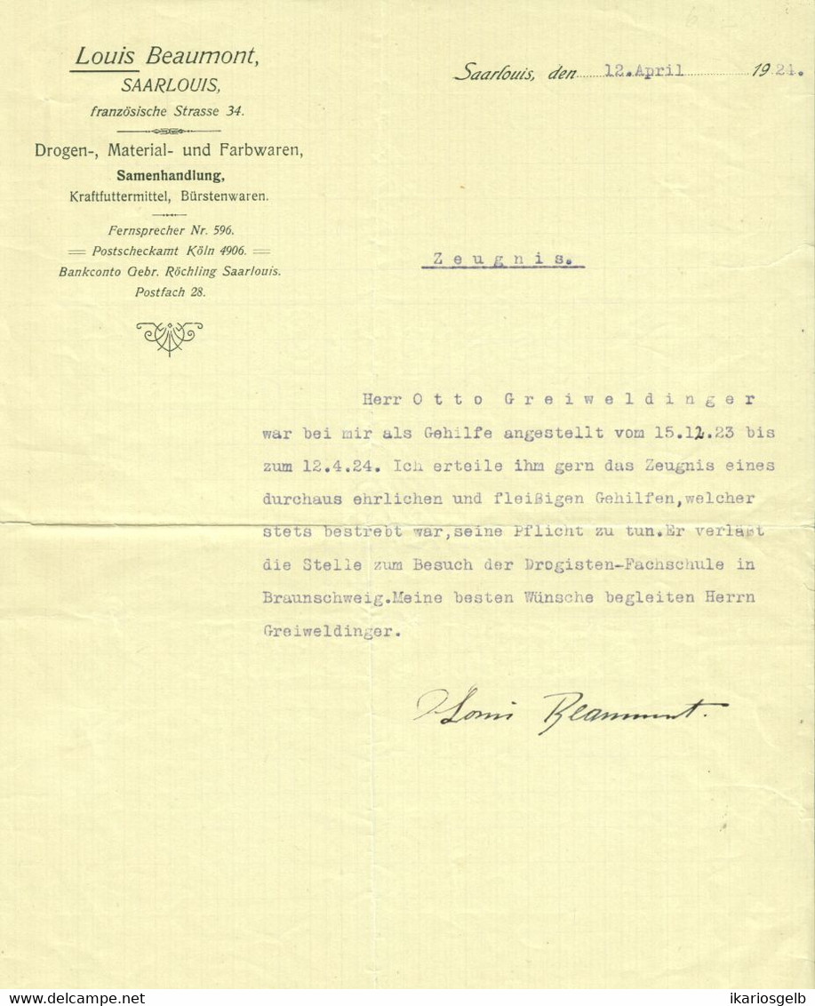 Saarlouis Saar Deko Rechnung 1921 " Louis Beaumont Saarlouis Französische Str.34 Samenhandlung Drogen Pp " - Agriculture