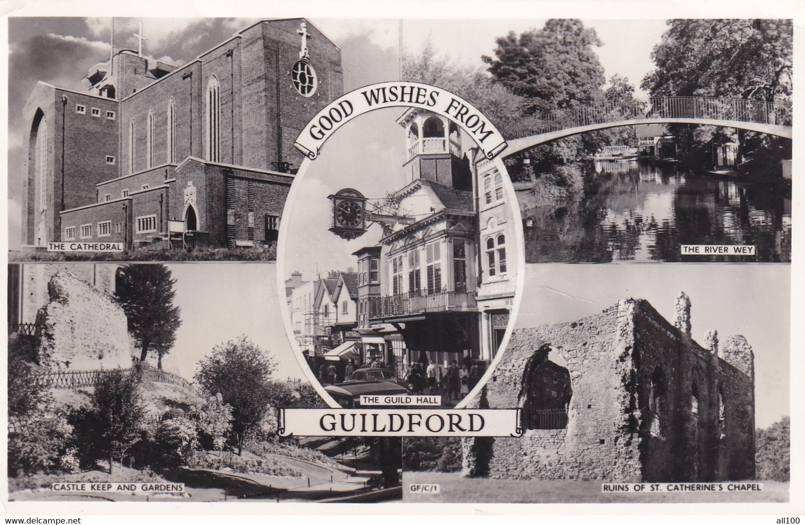 A18279 - GUILDFORD GOOD WISHES FROM GUILDFORD POST CARD USED 1960 STAMP SURREY QUEEN ELIZABETH OF ENGLAND STAMP - Surrey