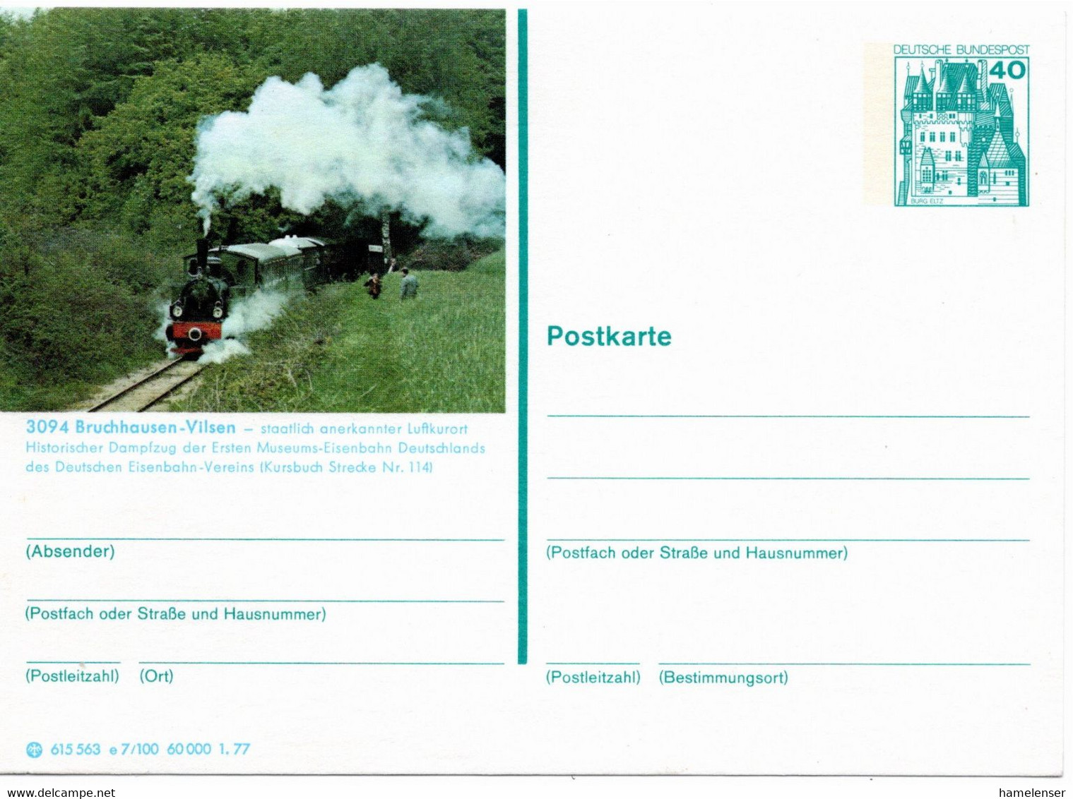 54698 - Bund - 1977 - 40Pfg B&S BildGAKte "Bruchhausen-Vilsen Historischer Dampfzug", Ungebraucht - Trenes