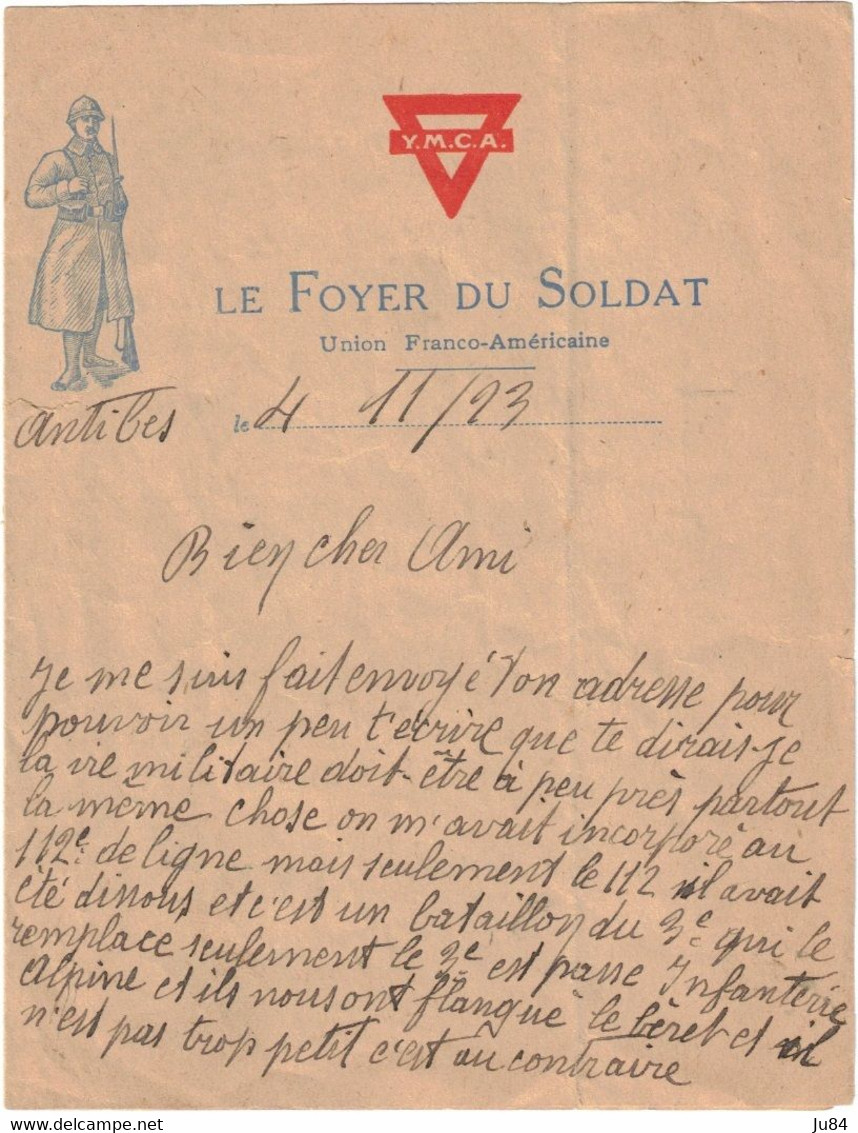 Alpes Maritimes - Antibes - Le Foyer Du Soldat - Union Franco-Américaine - Lettre Soldat - Infanterie Alpine - 1923 - Sonstige & Ohne Zuordnung