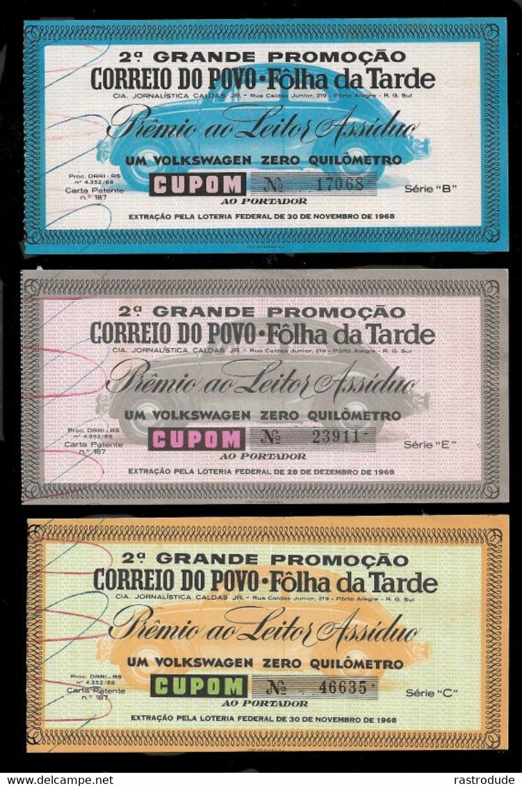 11968. BRASIL BRAZIL -BILHETES GRANDE PROMOÇAO - CORREIO DO POVO - PREMIO VOLKSWAGEN ZERO QUILOMETRO - Lottery Tickets