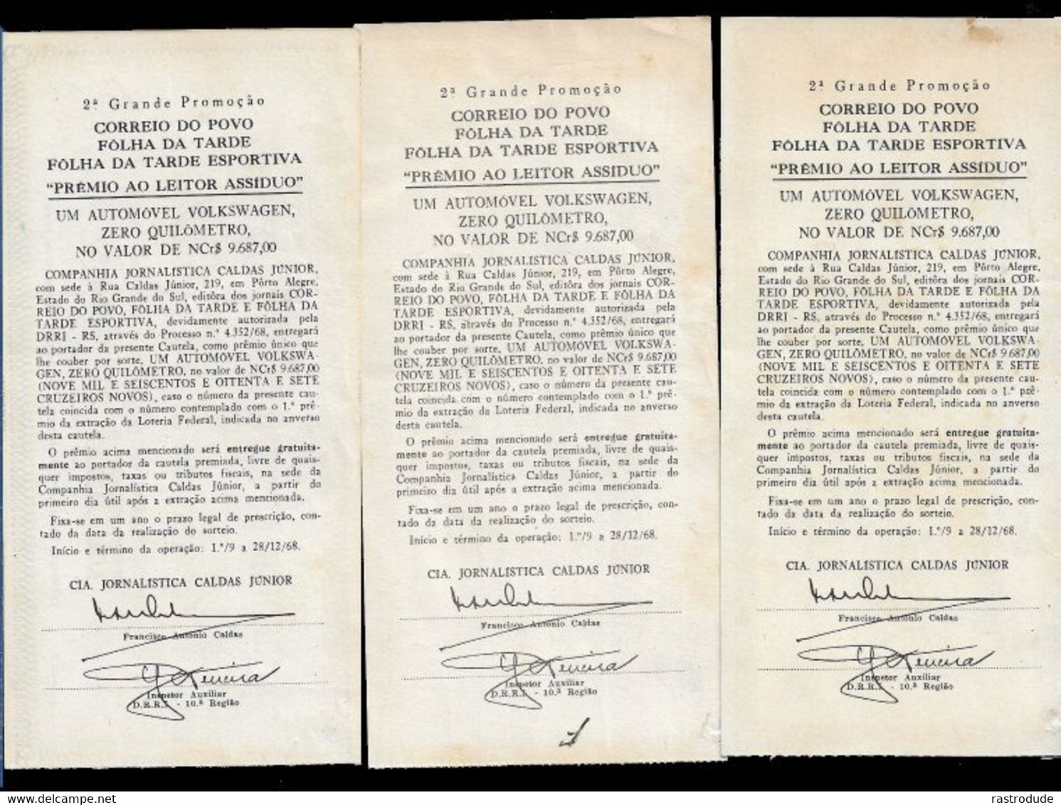 11968. BRASIL BRAZIL -BILHETES GRANDE PROMOÇAO - CORREIO DO POVO - PREMIO VOLKSWAGEN ZERO QUILOMETRO - Lottery Tickets