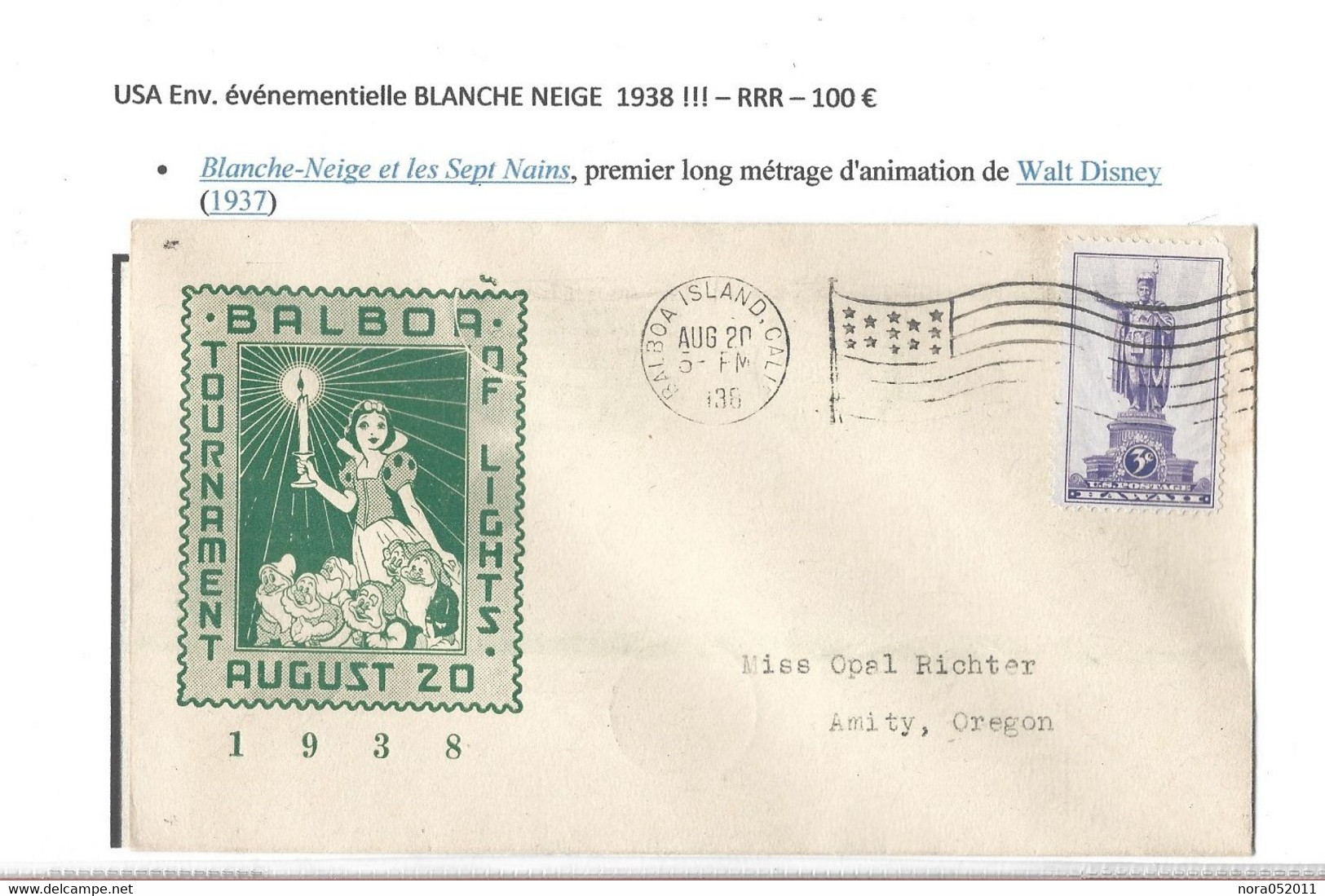 USA  Enveloppe évènementielle BLANCHE NEIGE 1938 - Event Covers