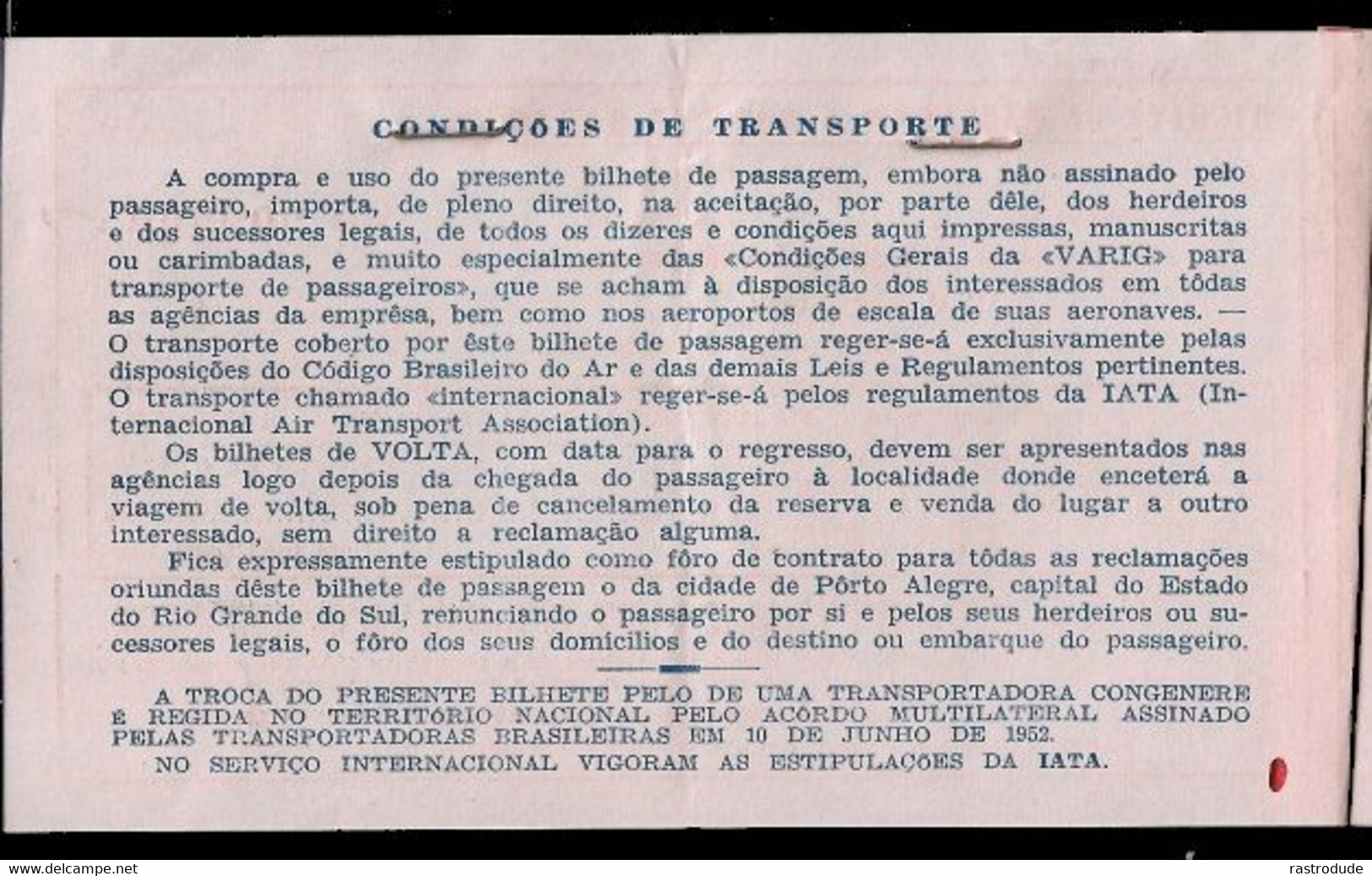 1953. BRASIL BRAZIL -VARIG FLIGHT TICKET BILHETES DE VÔO - RARE - Mondo