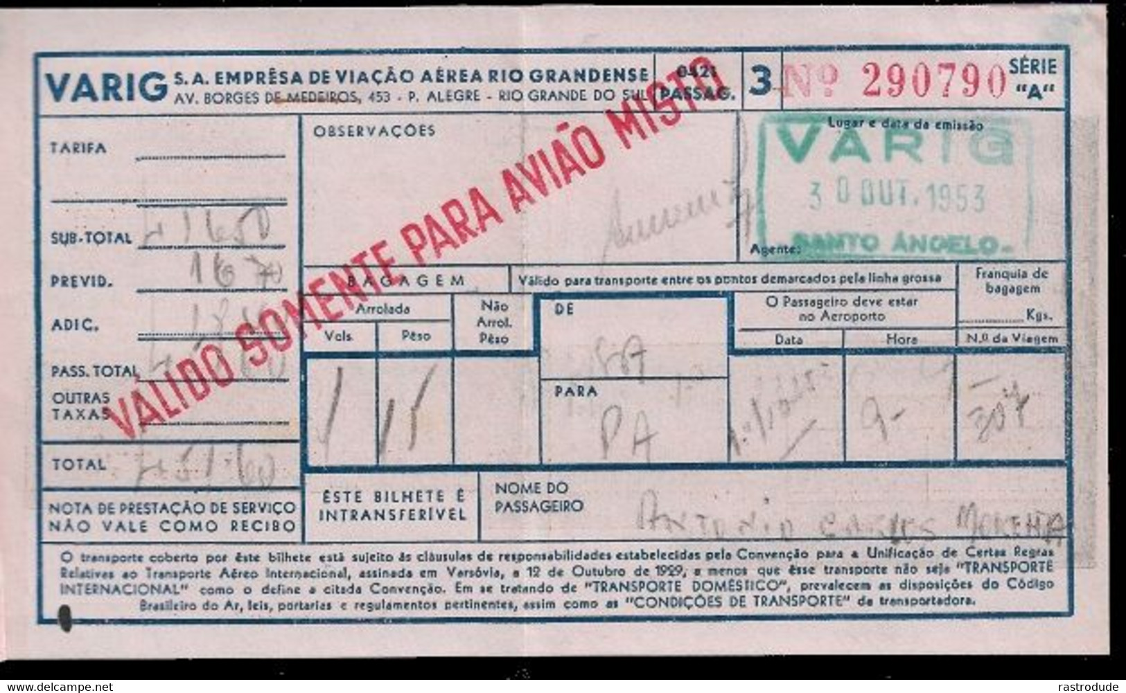 1953. BRASIL BRAZIL -VARIG FLIGHT TICKET BILHETES DE VÔO - RARE - Mundo